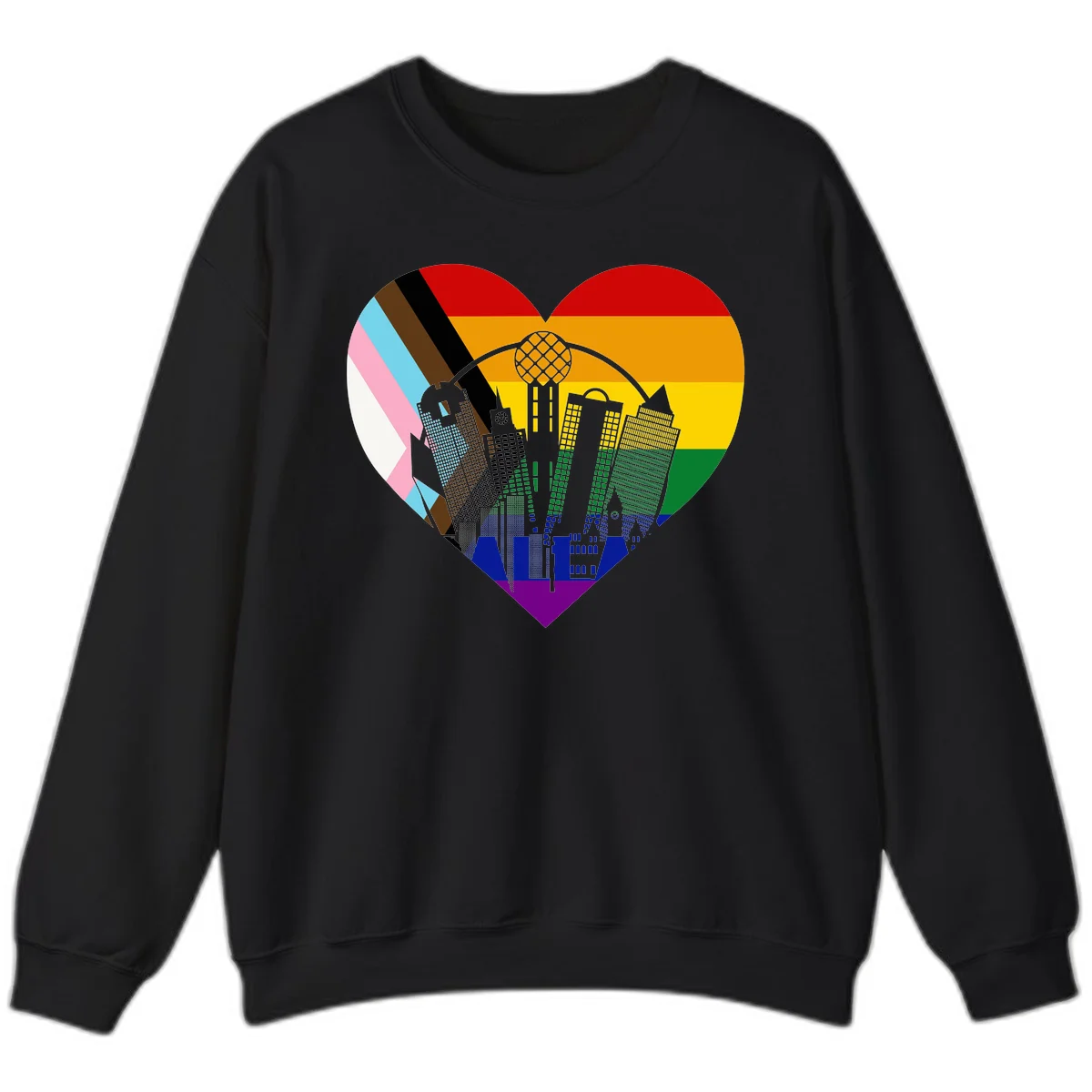 Heart-shaped design with rainbow pride flag and gray city skyline featuring skyscrapers and urban architecture in Black