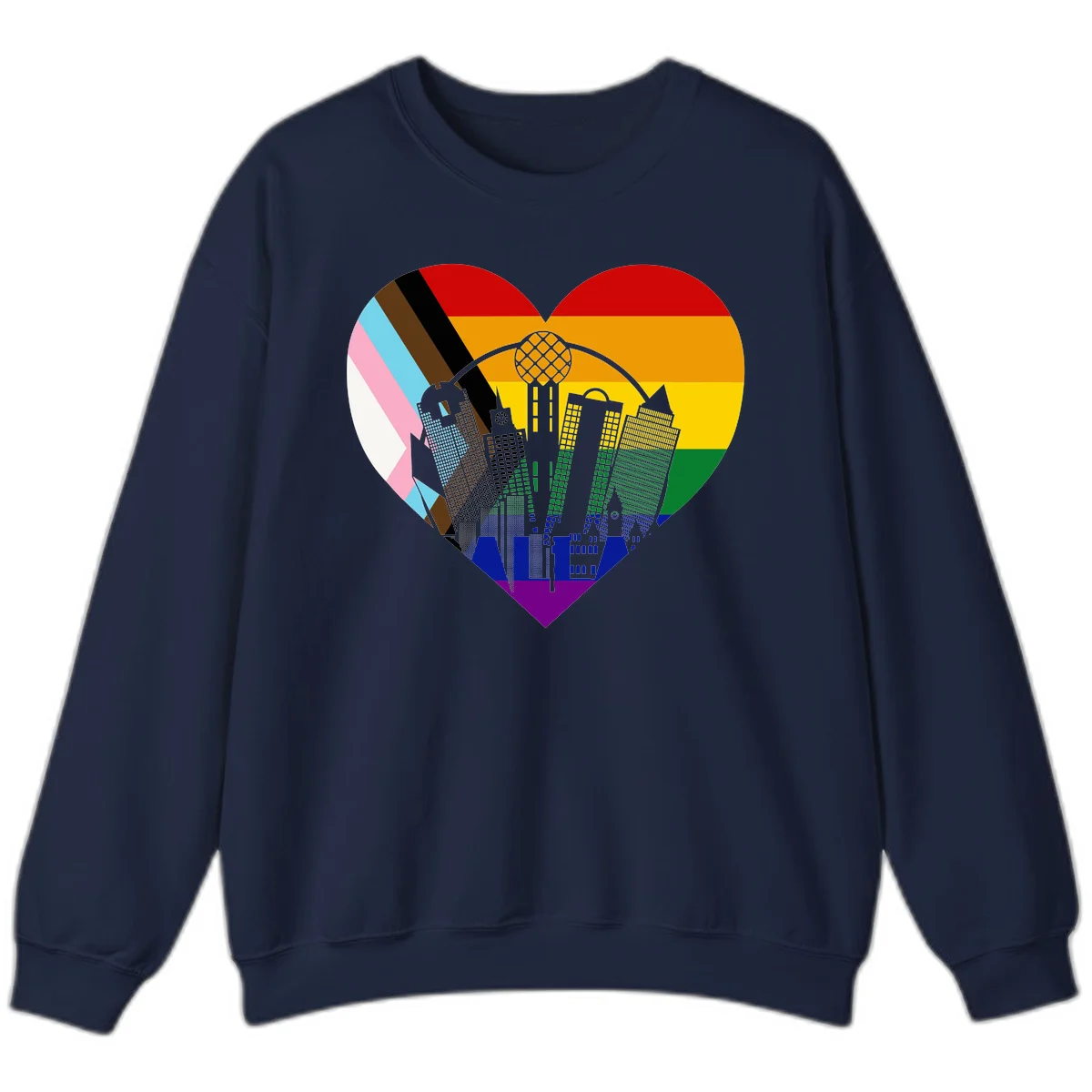 Heart-shaped design with rainbow pride flag and gray city skyline featuring skyscrapers and urban architecture in Navy