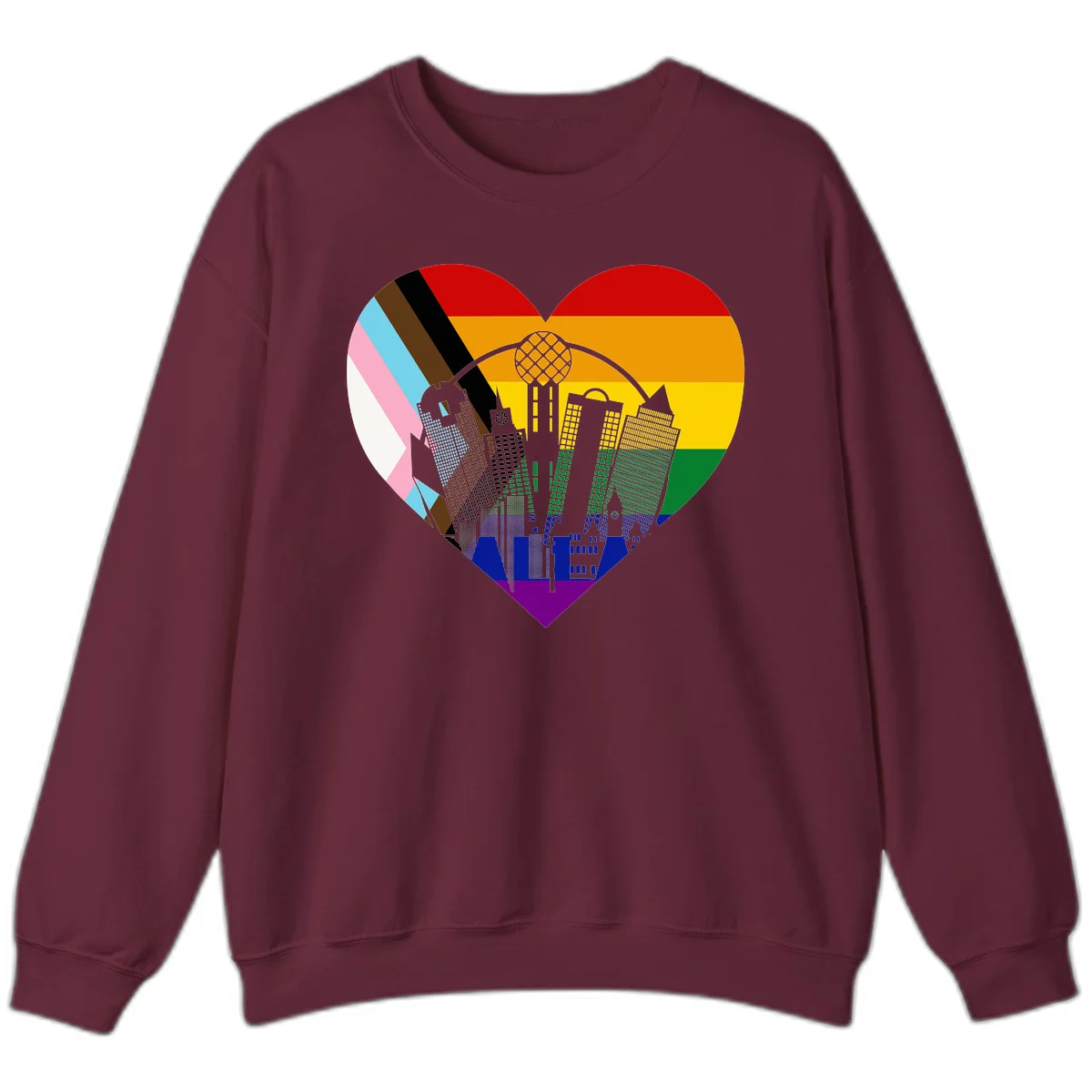 Heart-shaped design with rainbow pride flag and gray city skyline featuring skyscrapers and urban architecture in Maroon