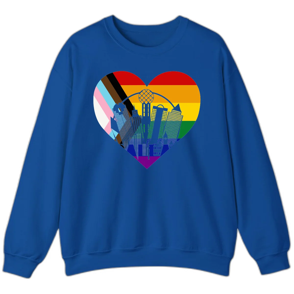Heart-shaped design with rainbow pride flag and gray city skyline featuring skyscrapers and urban architecture in Royal