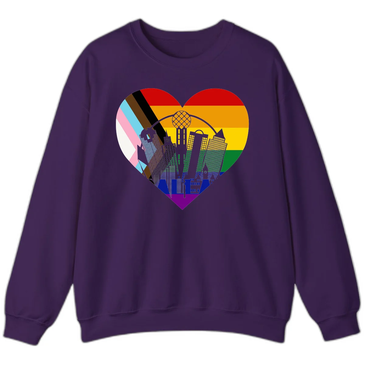 Heart-shaped design with rainbow pride flag and gray city skyline featuring skyscrapers and urban architecture in Purple