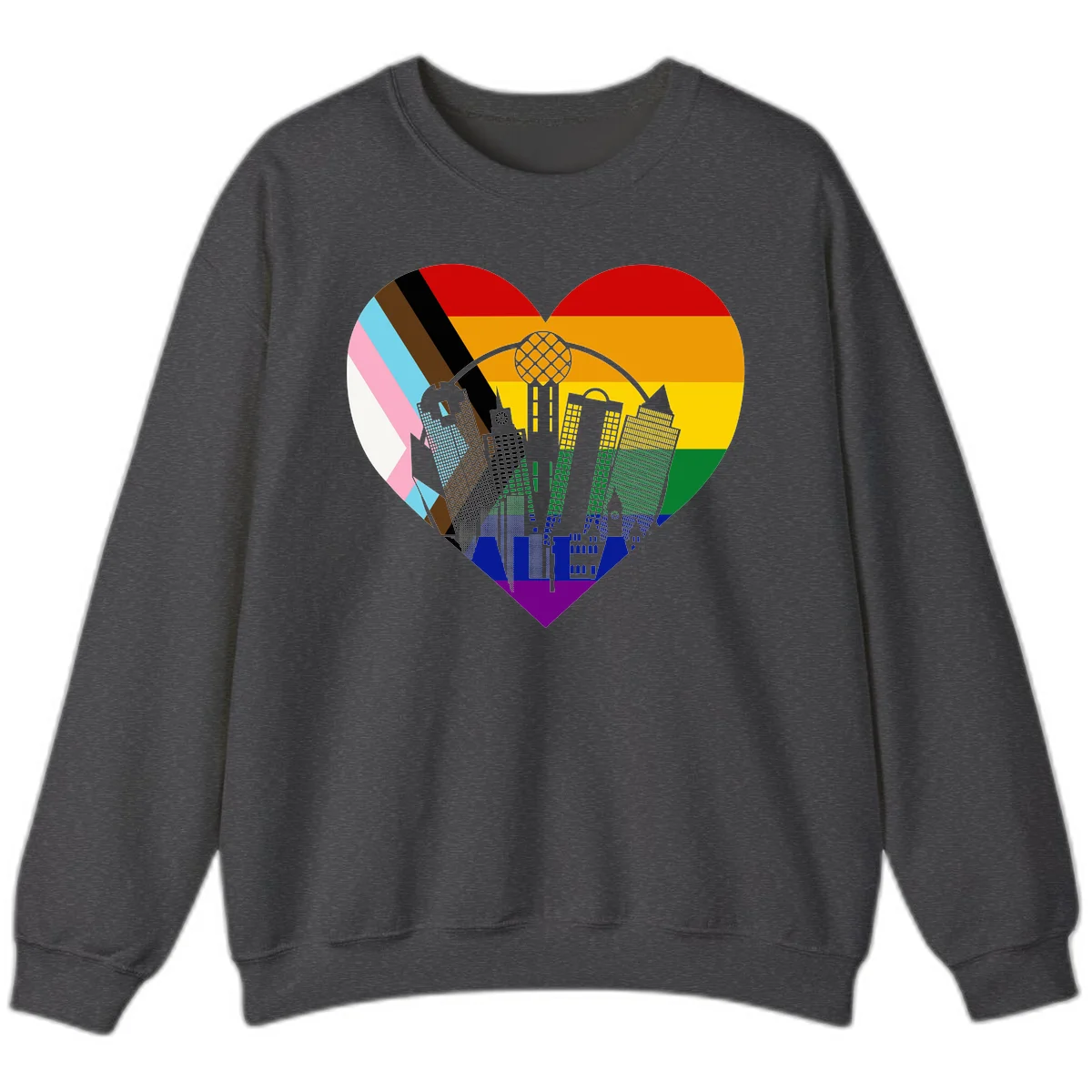 Heart-shaped design with rainbow pride flag and gray city skyline featuring skyscrapers and urban architecture in Dark Heather