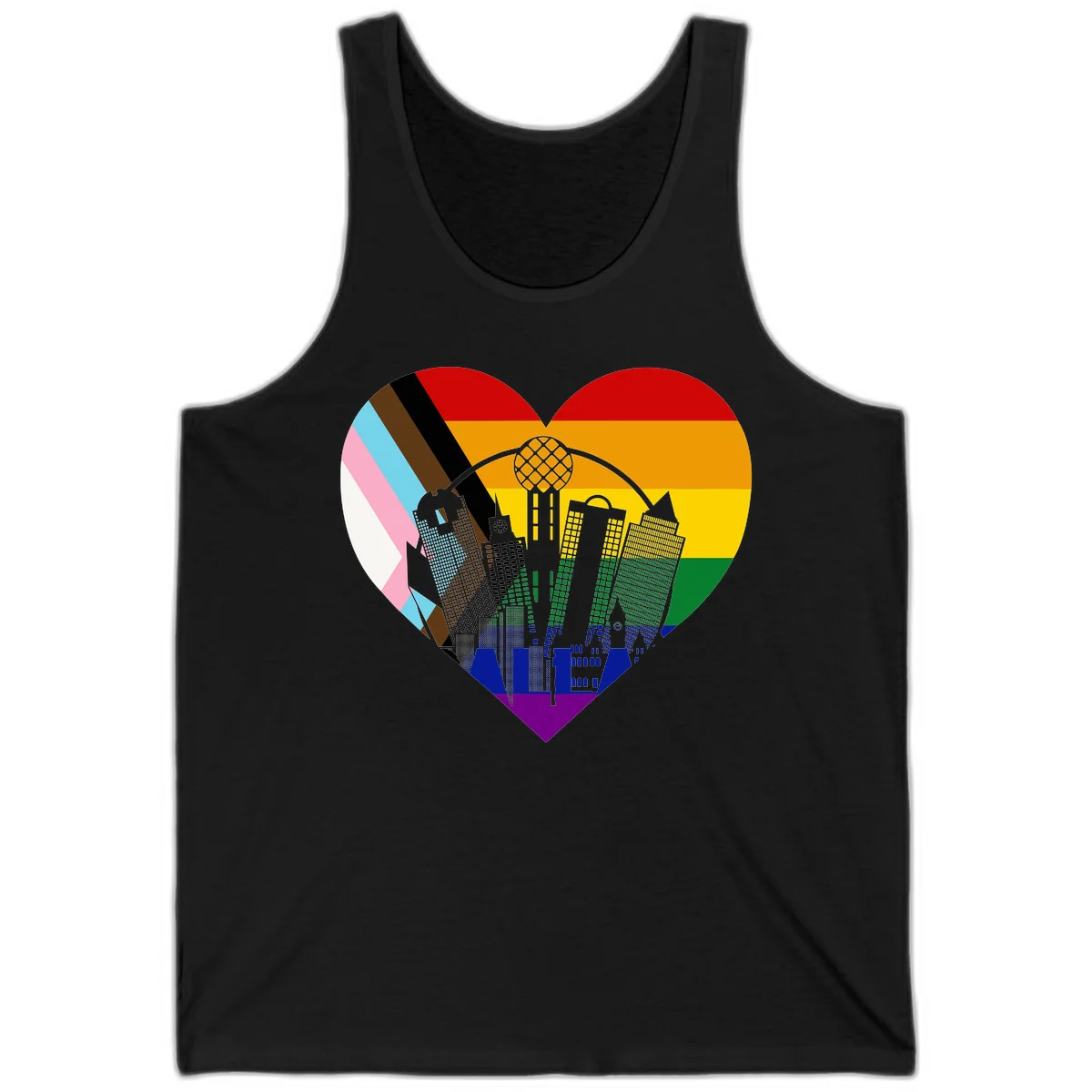 Heart-shaped design with rainbow pride flag and gray city skyline featuring skyscrapers and urban architecture in Black