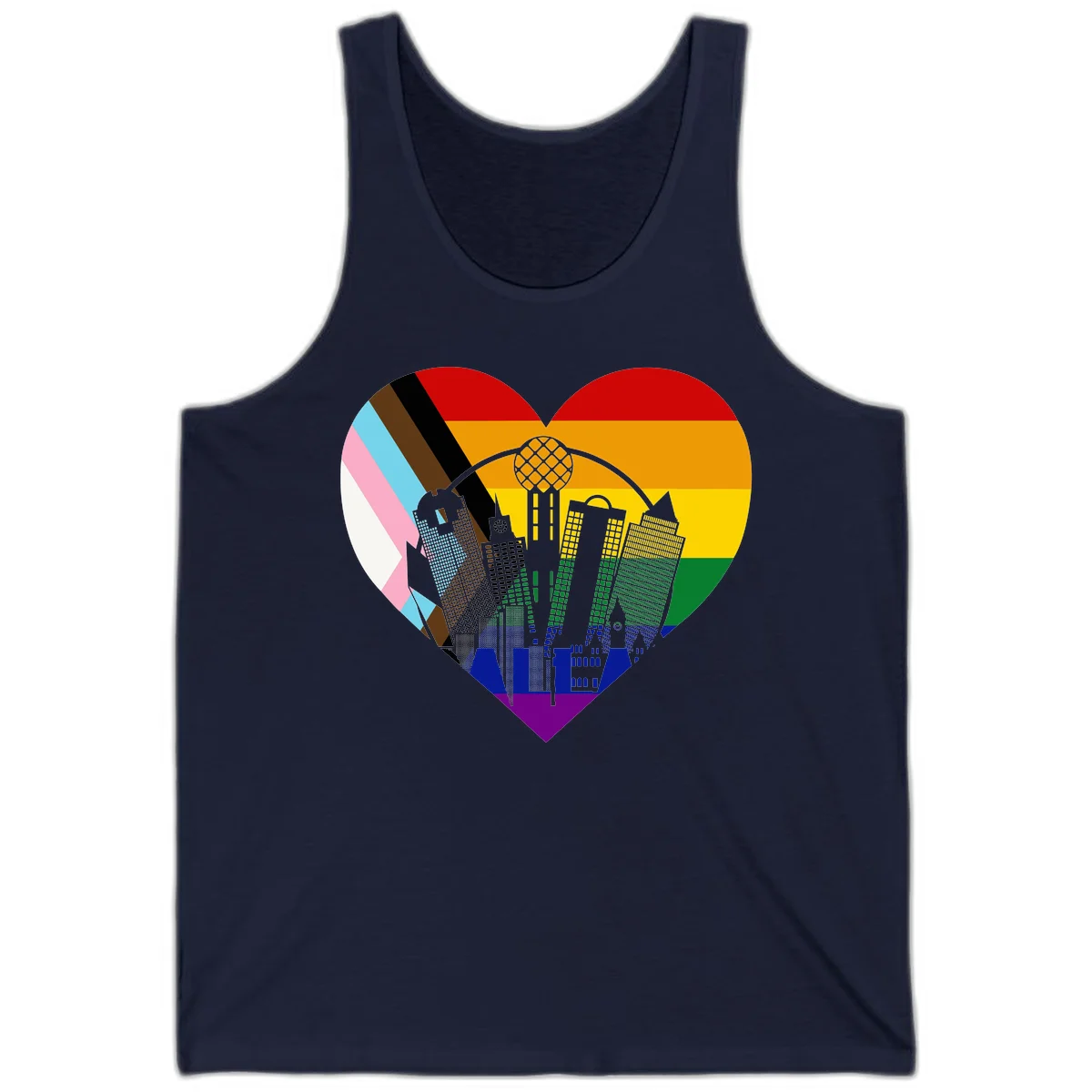 Heart-shaped design with rainbow pride flag and gray city skyline featuring skyscrapers and urban architecture in Navy