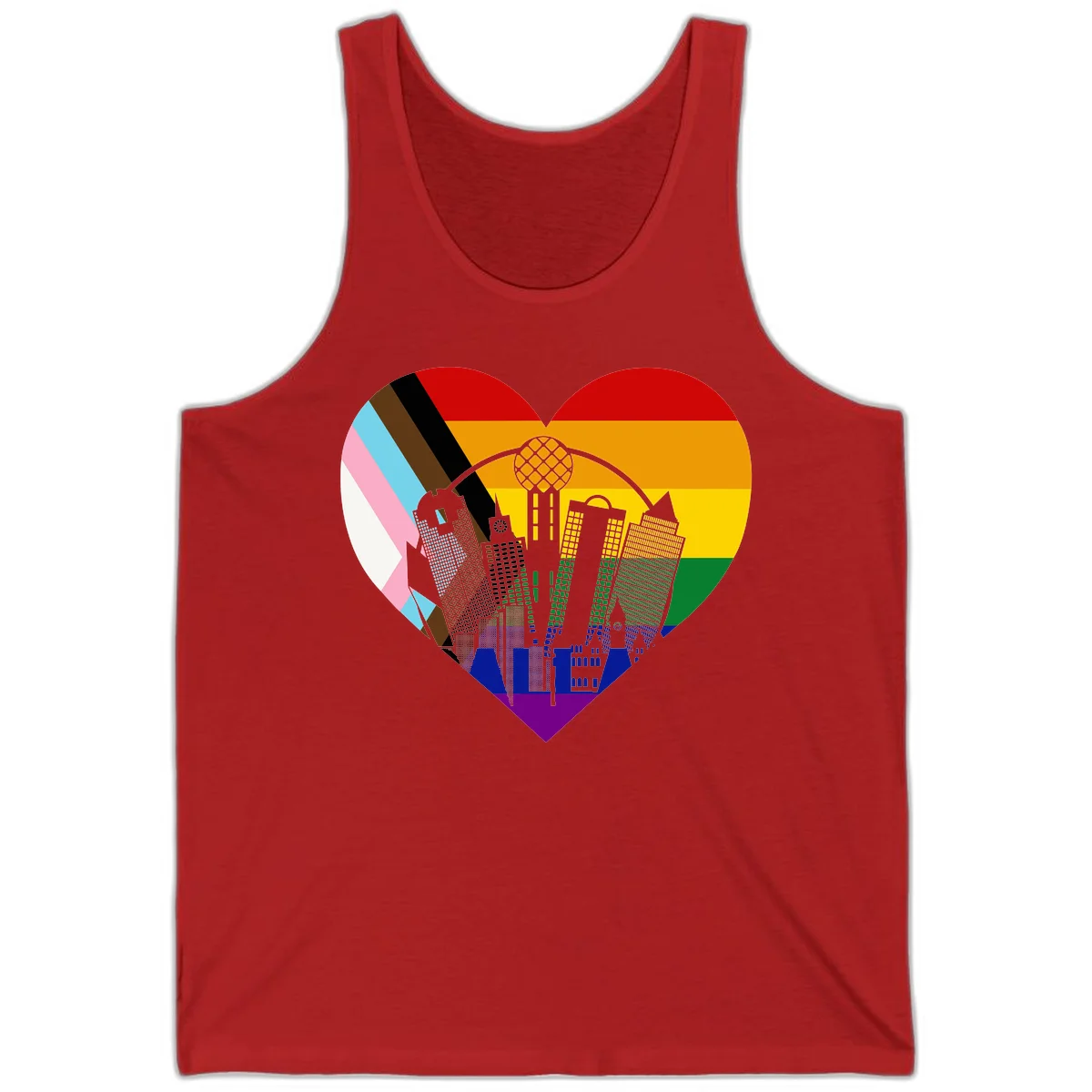 Heart-shaped design with rainbow pride flag and gray city skyline featuring skyscrapers and urban architecture in Red