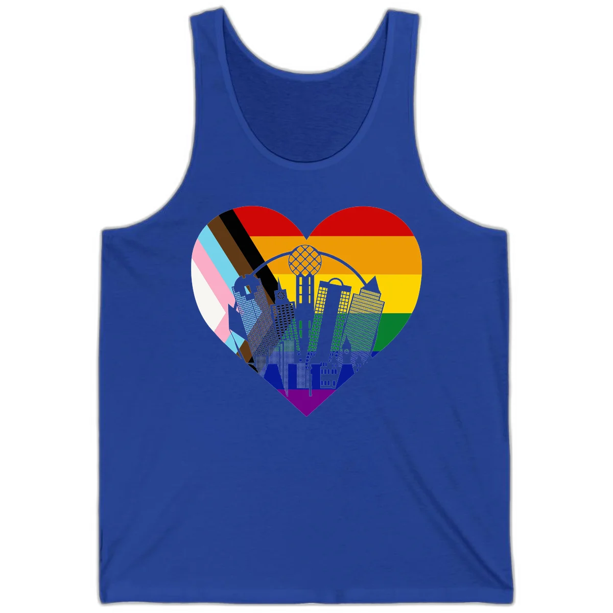 Heart-shaped design with rainbow pride flag and gray city skyline featuring skyscrapers and urban architecture in True Royal