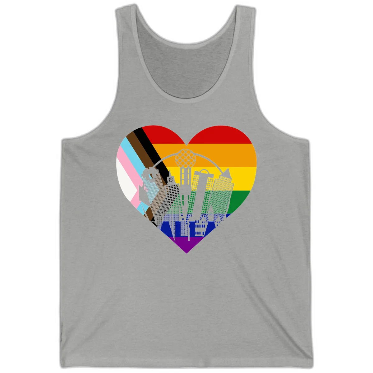 Heart-shaped design with rainbow pride flag and gray city skyline featuring skyscrapers and urban architecture in Athletic Heather