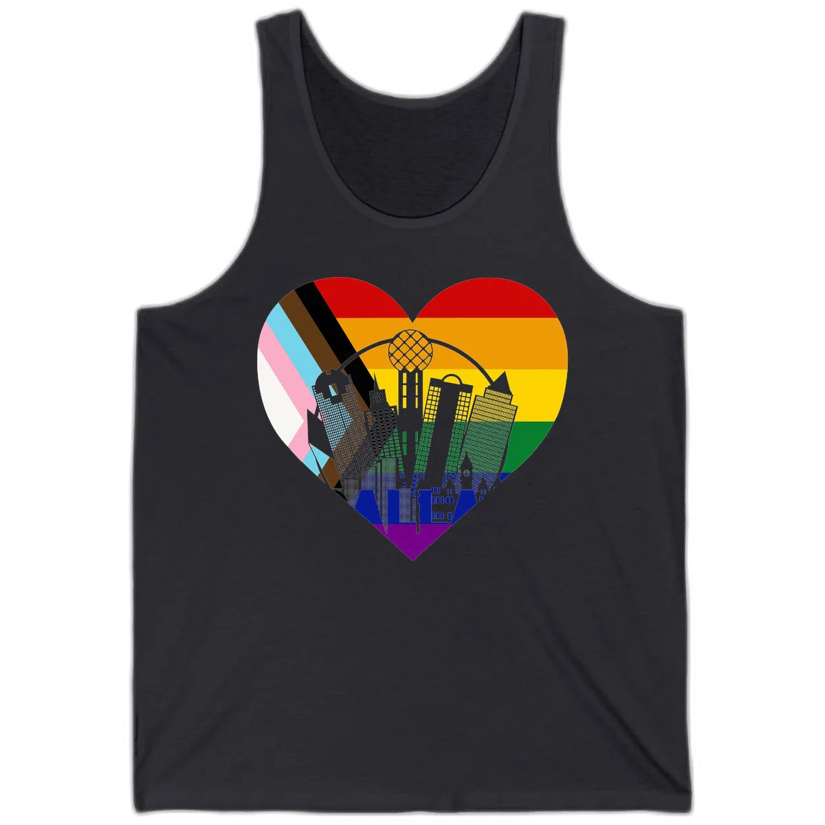 Heart-shaped design with rainbow pride flag and gray city skyline featuring skyscrapers and urban architecture in Dark Grey