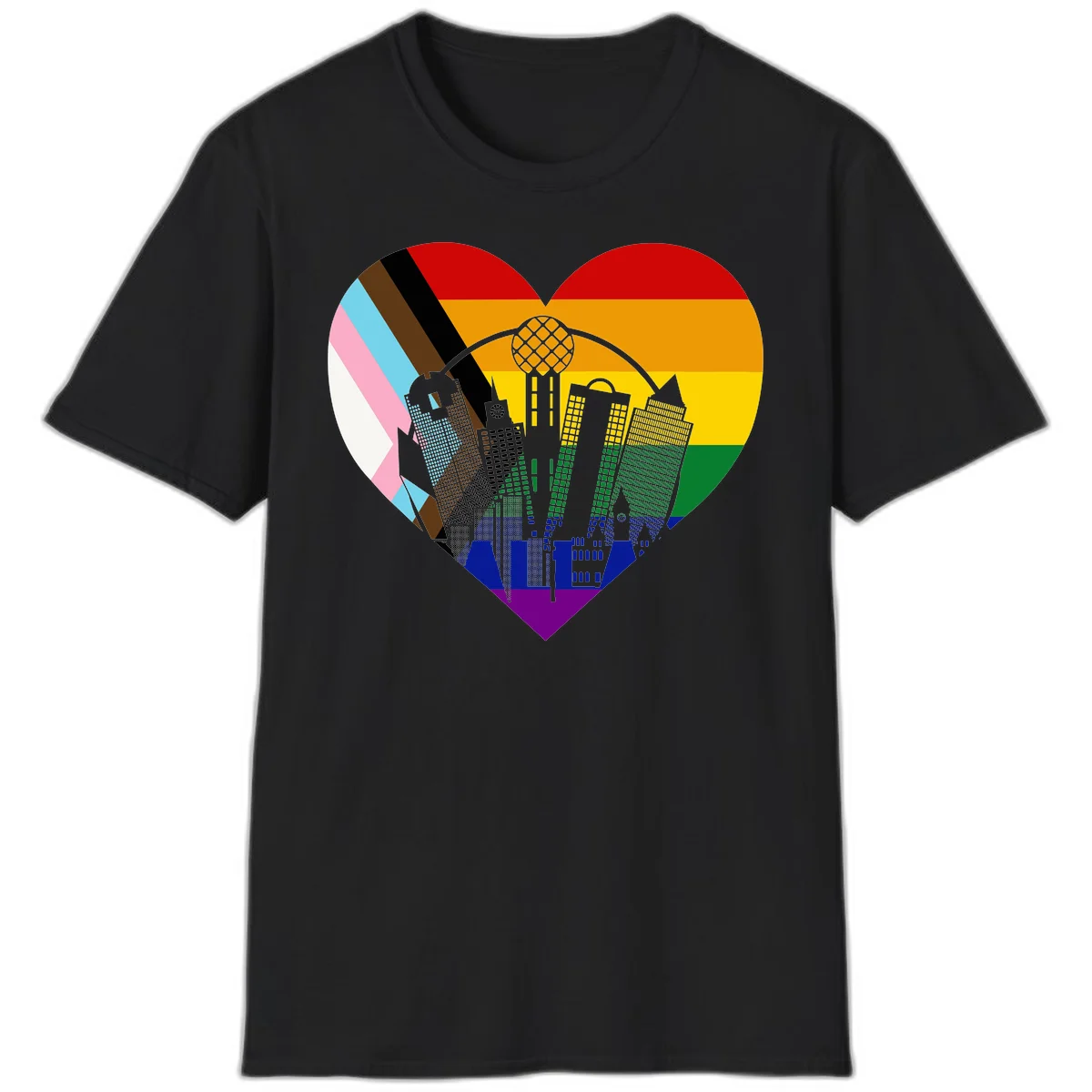 Heart-shaped design with rainbow pride flag and gray city skyline featuring skyscrapers and urban architecture in Black