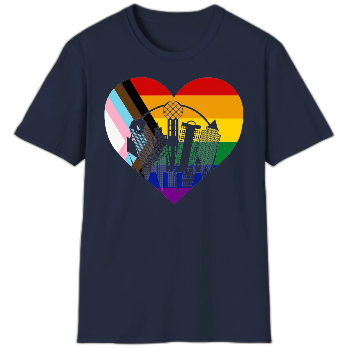 Heart-shaped design with rainbow pride flag and gray city skyline featuring skyscrapers and urban architecture in Navy