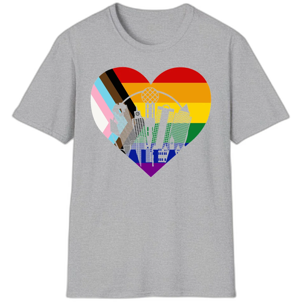 Heart-shaped design with rainbow pride flag and gray city skyline featuring skyscrapers and urban architecture in Sport Grey