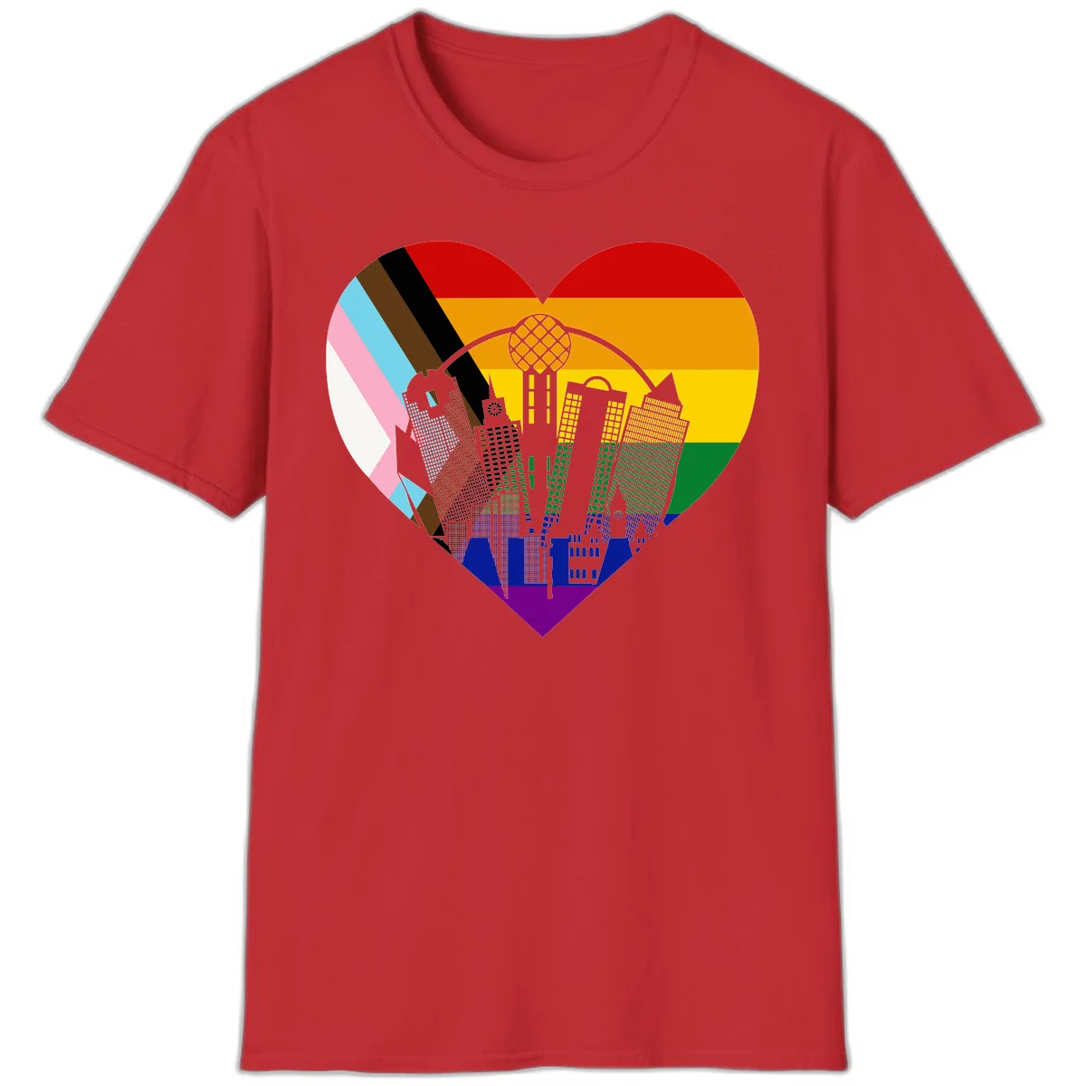 Heart-shaped design with rainbow pride flag and gray city skyline featuring skyscrapers and urban architecture in Red