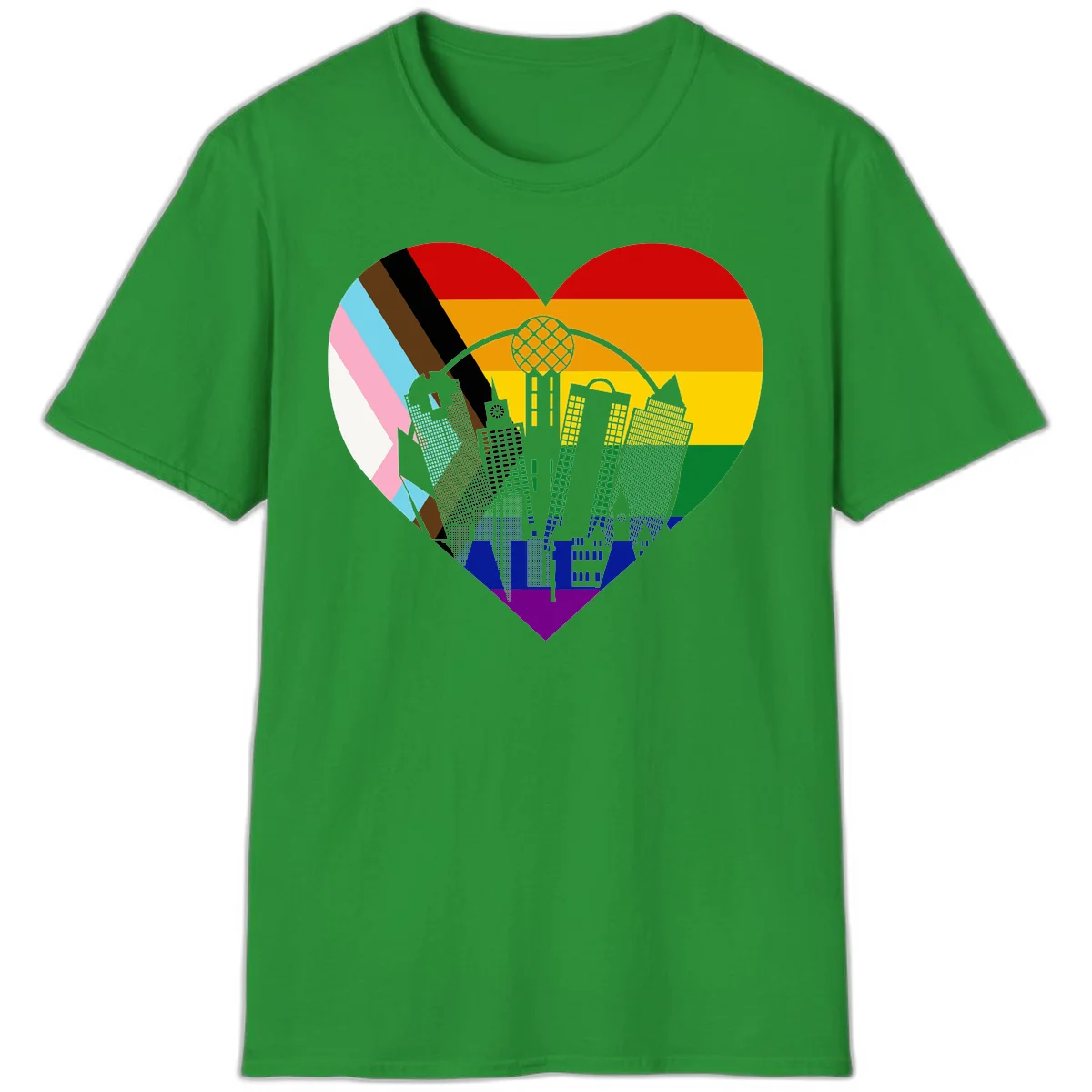 Heart-shaped design with rainbow pride flag and gray city skyline featuring skyscrapers and urban architecture in Irish Green