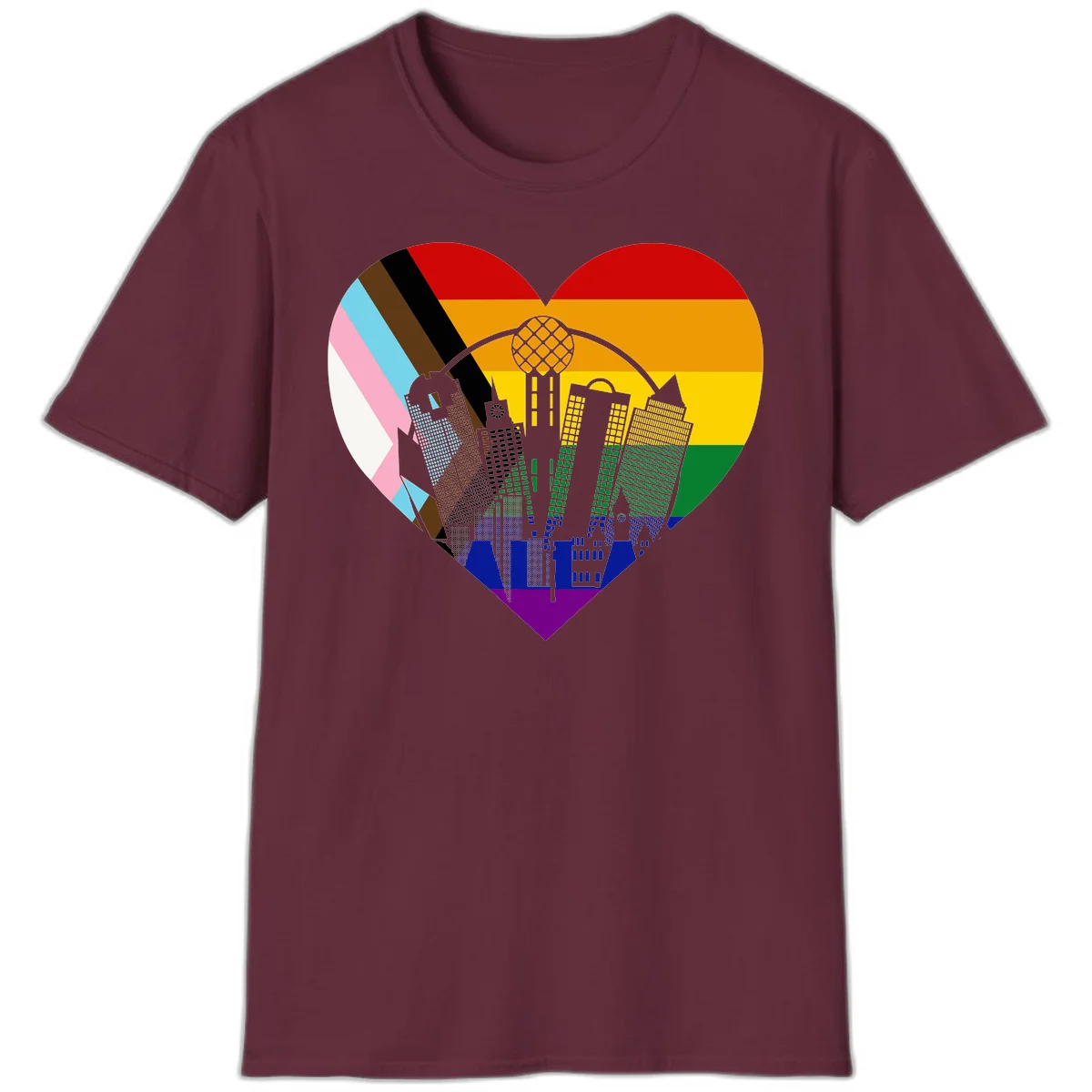 Heart-shaped design with rainbow pride flag and gray city skyline featuring skyscrapers and urban architecture in Maroon
