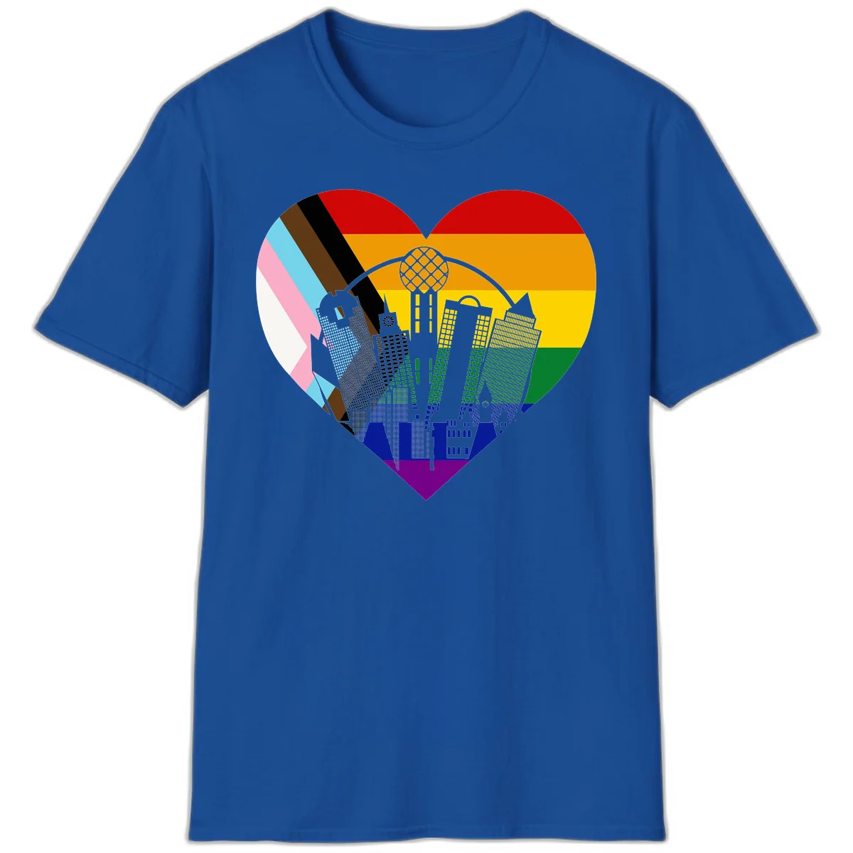 Heart-shaped design with rainbow pride flag and gray city skyline featuring skyscrapers and urban architecture in Royal