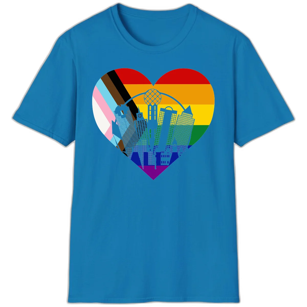 Heart-shaped design with rainbow pride flag and gray city skyline featuring skyscrapers and urban architecture in Sapphire