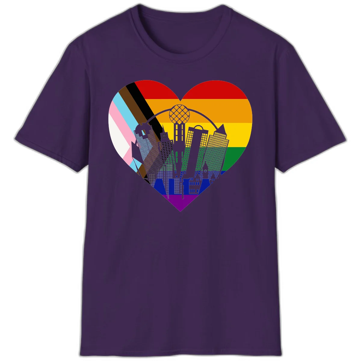 Heart-shaped design with rainbow pride flag and gray city skyline featuring skyscrapers and urban architecture in Purple