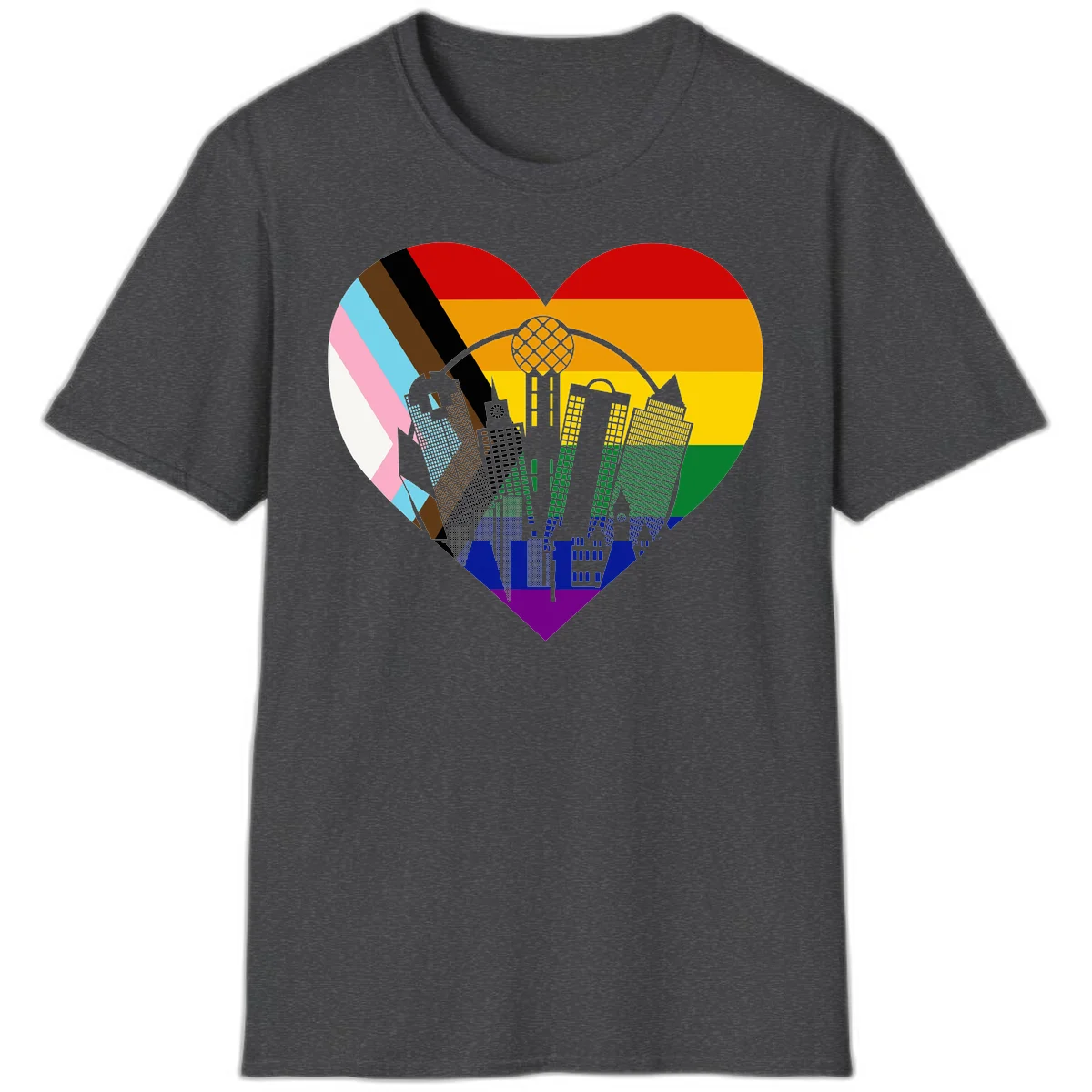 Heart-shaped design with rainbow pride flag and gray city skyline featuring skyscrapers and urban architecture in Dark Heather