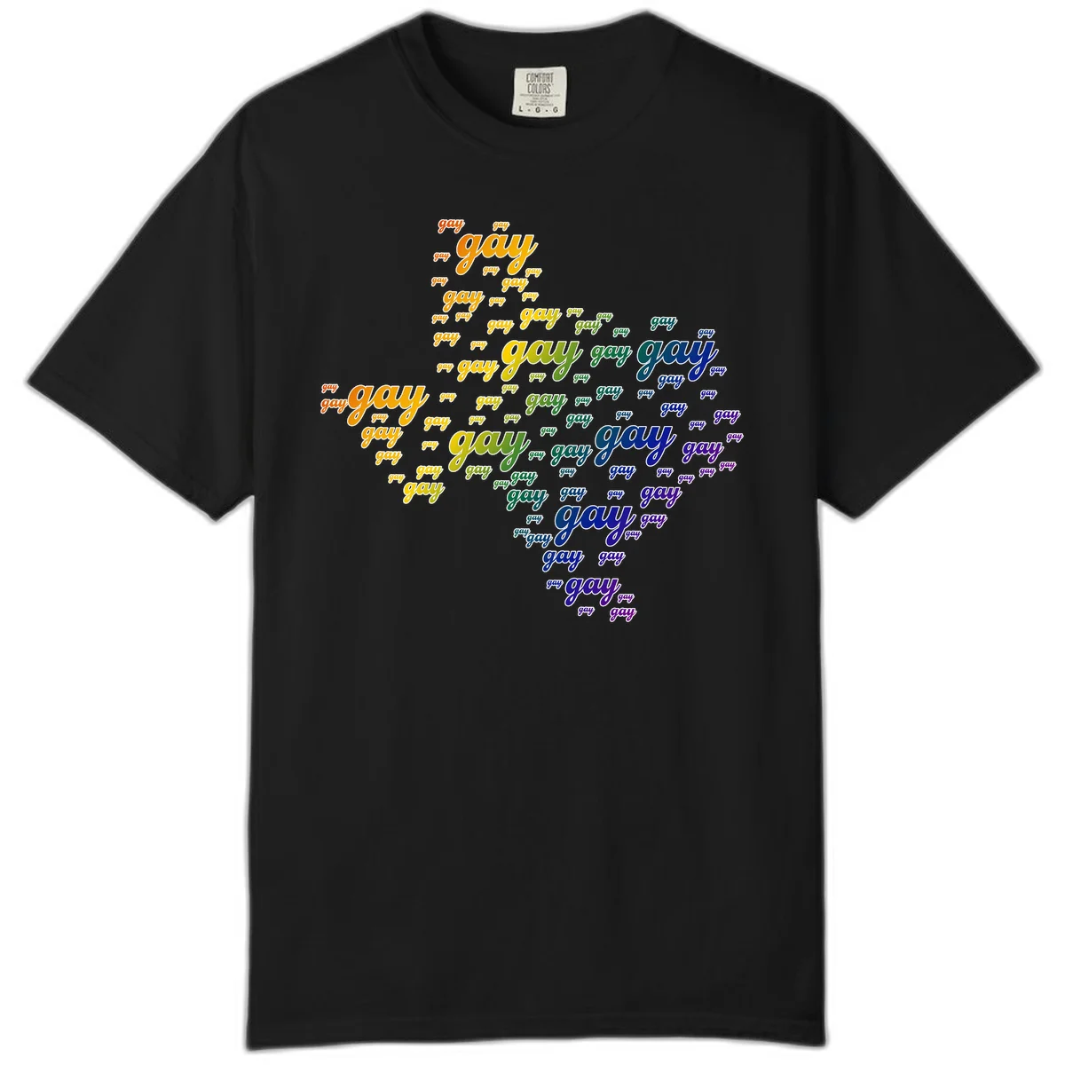 Gay pride word cloud design with 'gay' text repeated in rainbow gradient colors from orange to purple, arranged in a map-like shape in Black