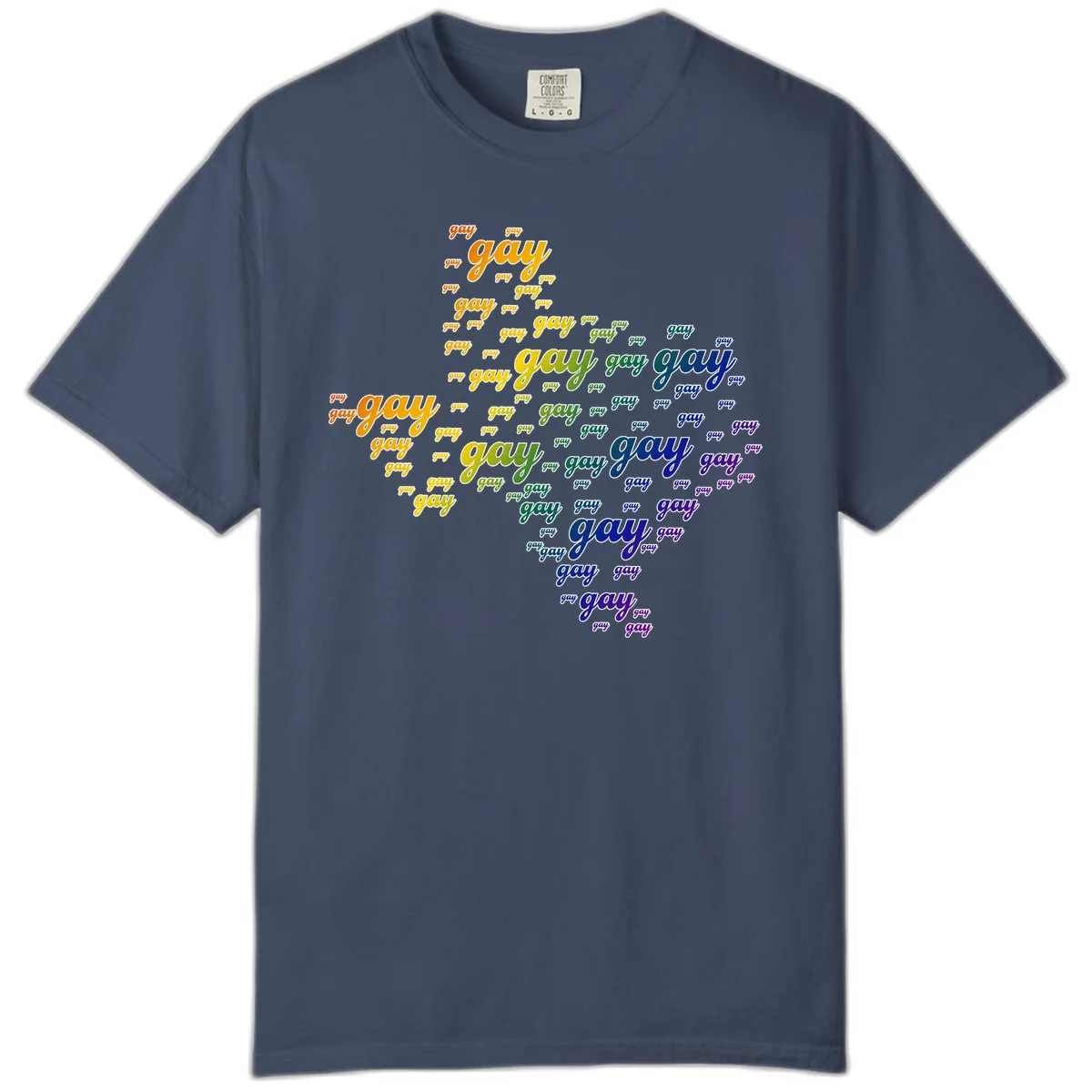 Gay pride word cloud design with 'gay' text repeated in rainbow gradient colors from orange to purple, arranged in a map-like shape in Midnight