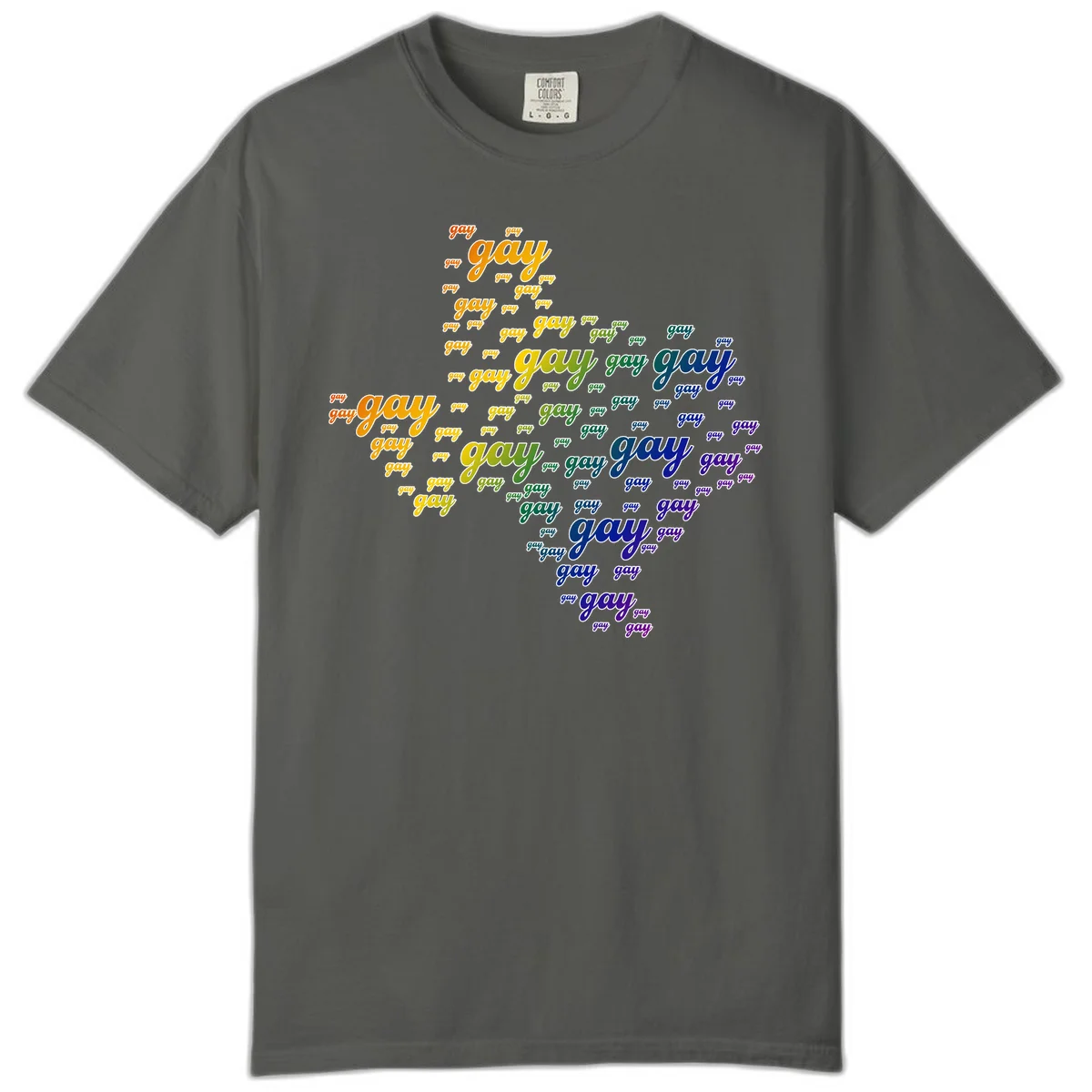 Gay pride word cloud design with 'gay' text repeated in rainbow gradient colors from orange to purple, arranged in a map-like shape in Pepper