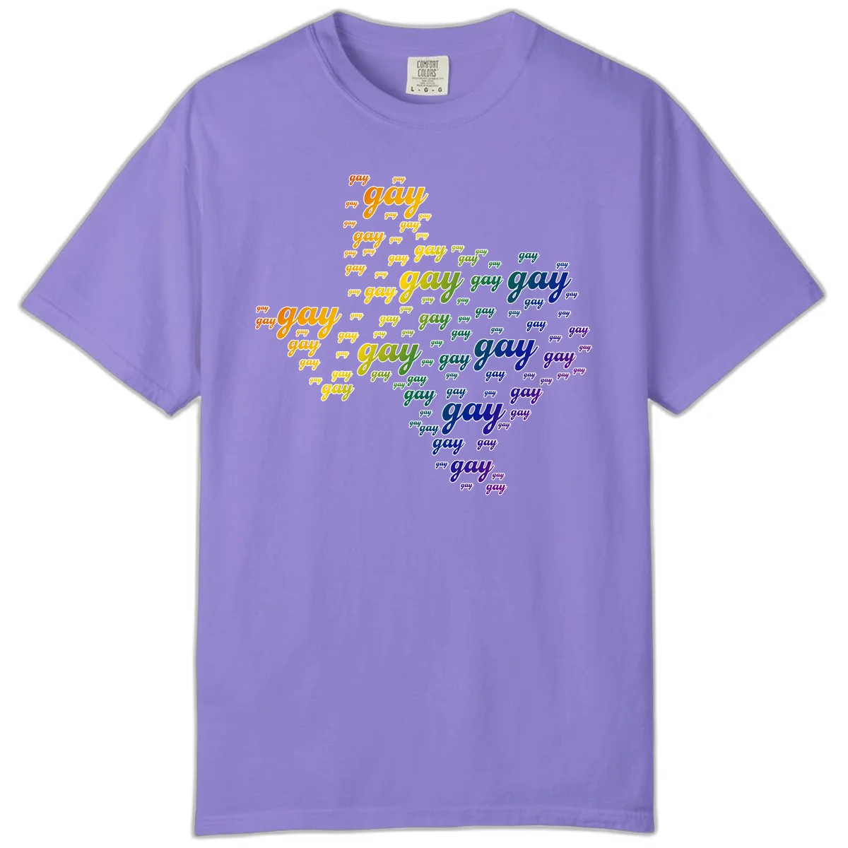 Gay pride word cloud design with 'gay' text repeated in rainbow gradient colors from orange to purple, arranged in a map-like shape in Violet