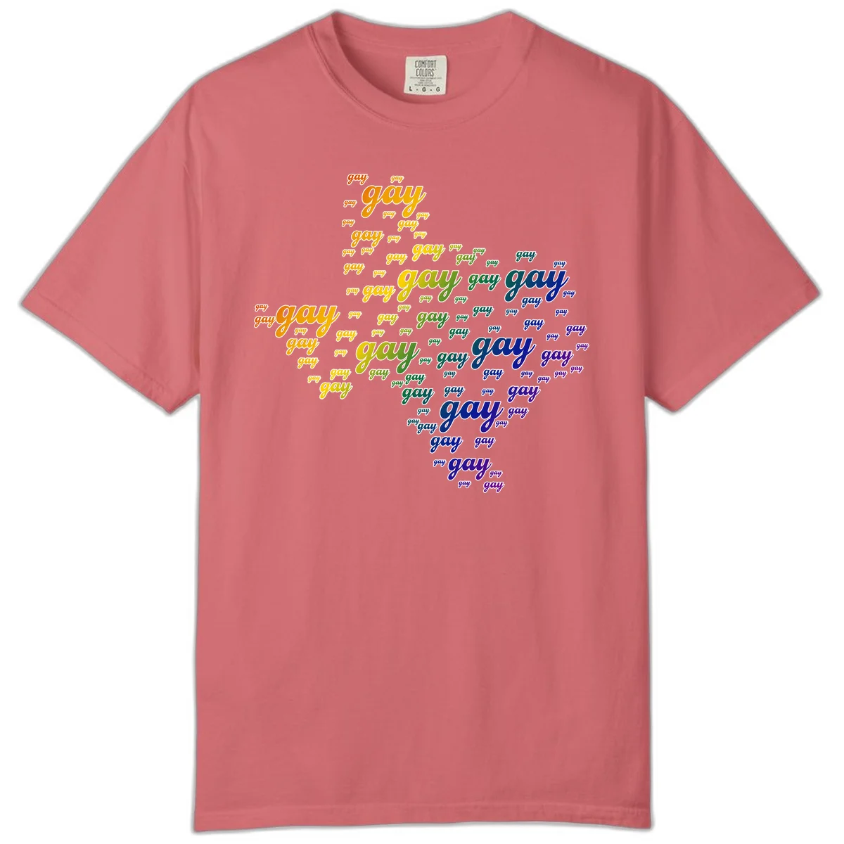 Gay pride word cloud design with 'gay' text repeated in rainbow gradient colors from orange to purple, arranged in a map-like shape in Watermelon