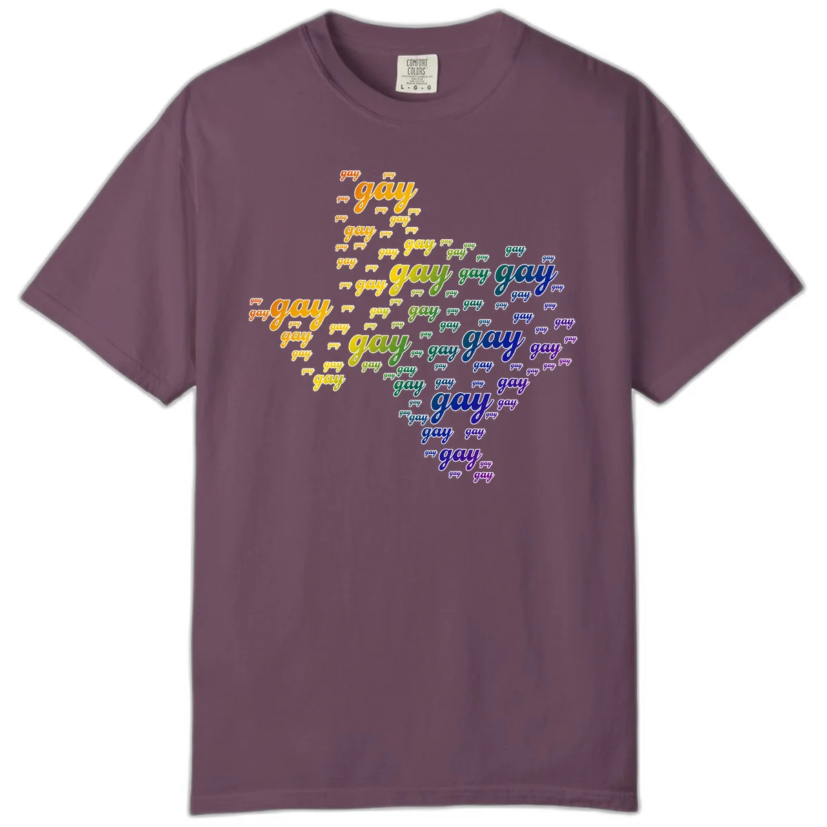 Gay pride word cloud design with 'gay' text repeated in rainbow gradient colors from orange to purple, arranged in a map-like shape in Berry