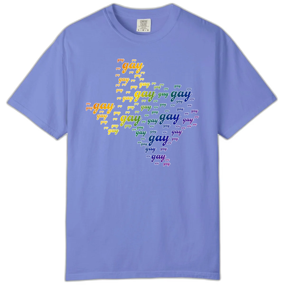 Gay pride word cloud design with 'gay' text repeated in rainbow gradient colors from orange to purple, arranged in a map-like shape in Flo Blue