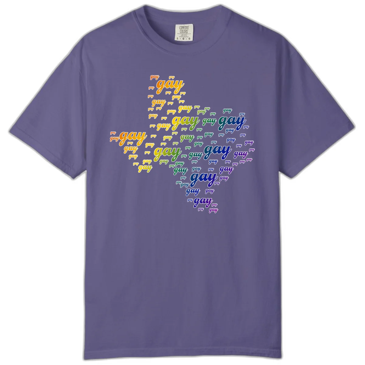 Gay pride word cloud design with 'gay' text repeated in rainbow gradient colors from orange to purple, arranged in a map-like shape in Grape