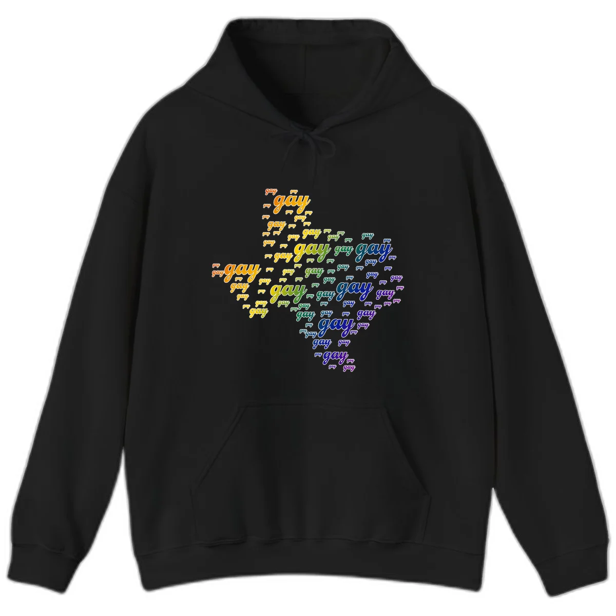 Gay pride word cloud design with 'gay' text repeated in rainbow gradient colors from orange to purple, arranged in a map-like shape in Black