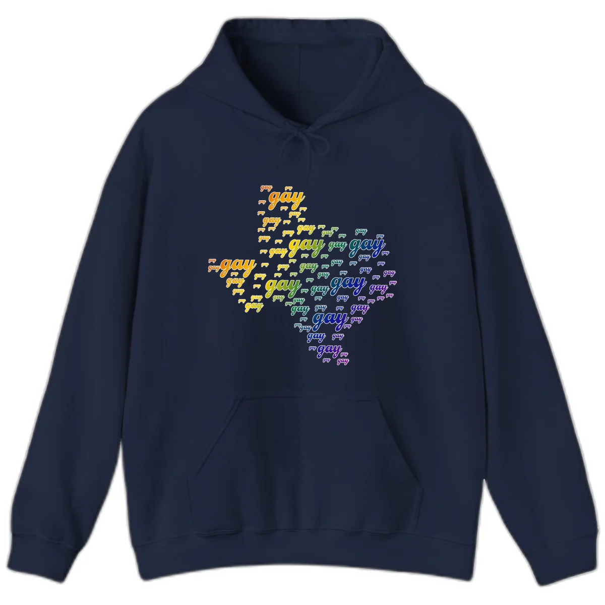 Gay pride word cloud design with 'gay' text repeated in rainbow gradient colors from orange to purple, arranged in a map-like shape in Navy