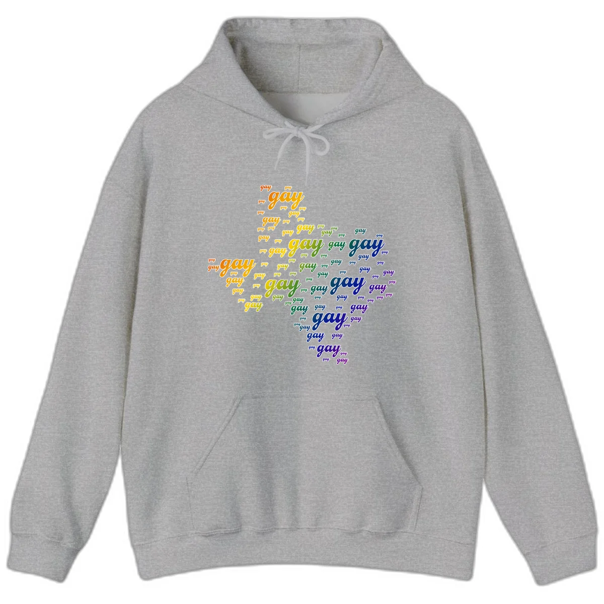 Gay pride word cloud design with 'gay' text repeated in rainbow gradient colors from orange to purple, arranged in a map-like shape in Sport Grey