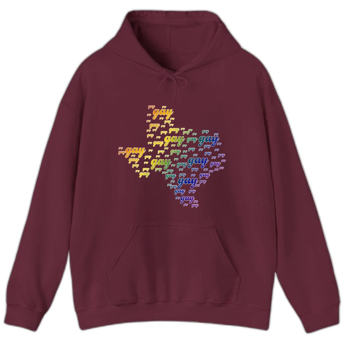 Gay pride word cloud design with 'gay' text repeated in rainbow gradient colors from orange to purple, arranged in a map-like shape in Maroon