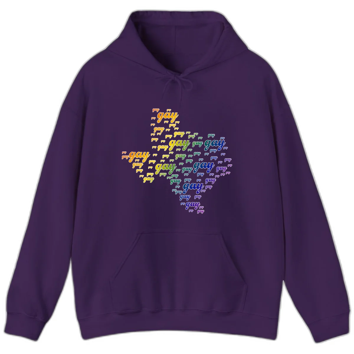 Gay pride word cloud design with 'gay' text repeated in rainbow gradient colors from orange to purple, arranged in a map-like shape in Purple
