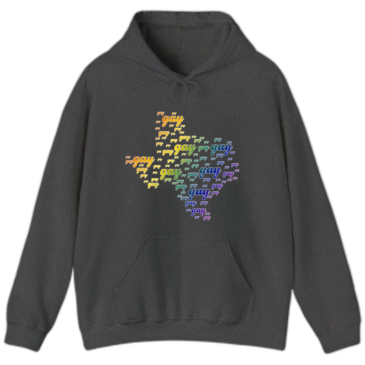 Gay pride word cloud design with 'gay' text repeated in rainbow gradient colors from orange to purple, arranged in a map-like shape in Dark Heather