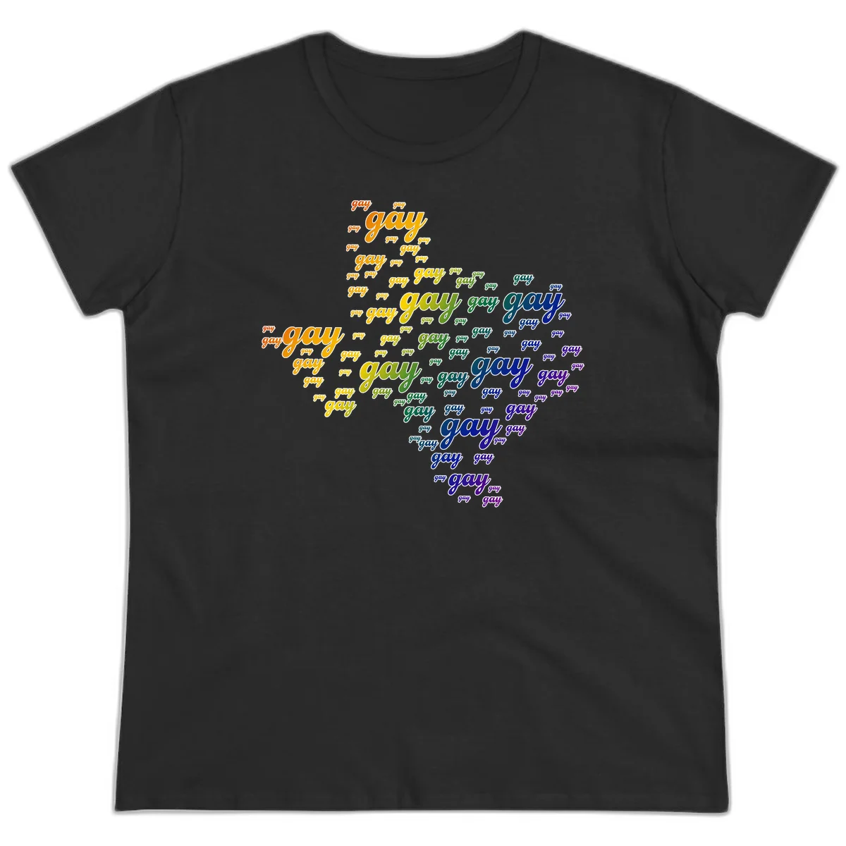 Gay pride word cloud design with 'gay' text repeated in rainbow gradient colors from orange to purple, arranged in a map-like shape in Black