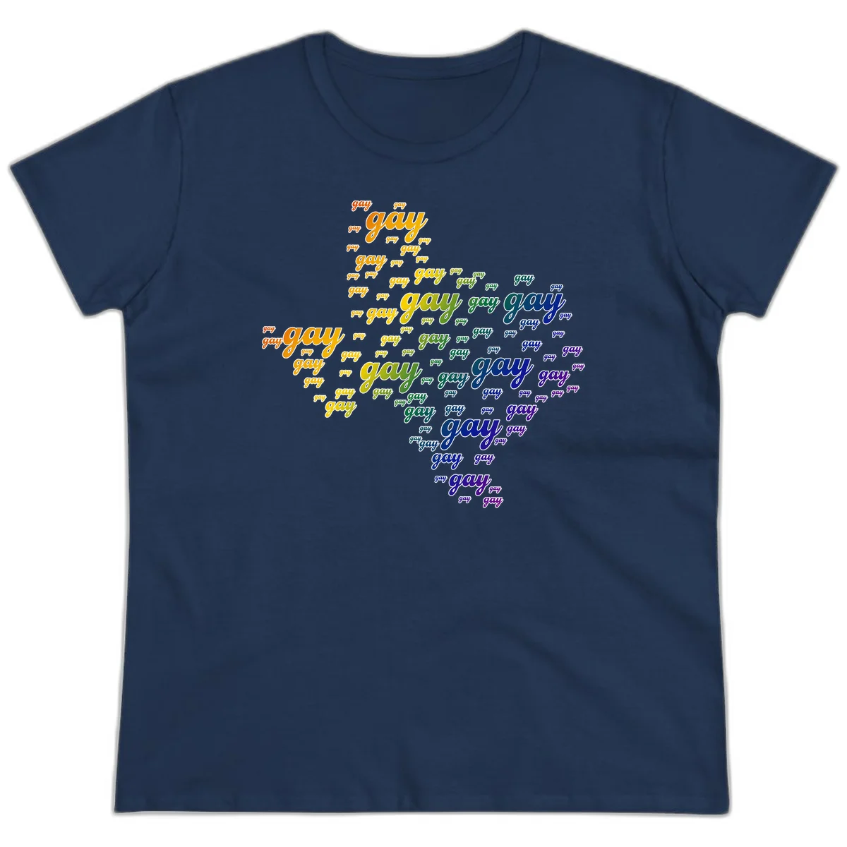 Gay pride word cloud design with 'gay' text repeated in rainbow gradient colors from orange to purple, arranged in a map-like shape in Navy