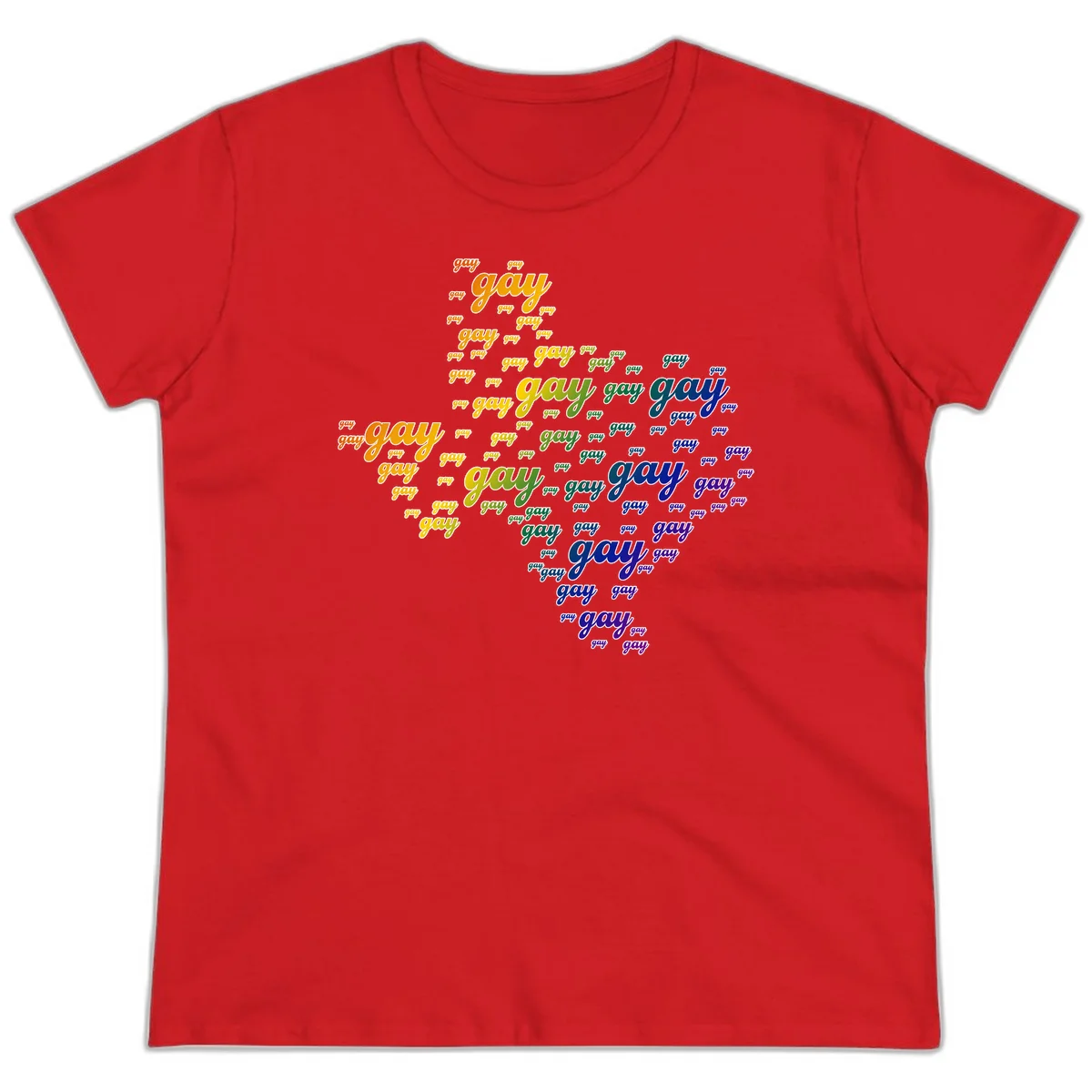 Gay pride word cloud design with 'gay' text repeated in rainbow gradient colors from orange to purple, arranged in a map-like shape in Red