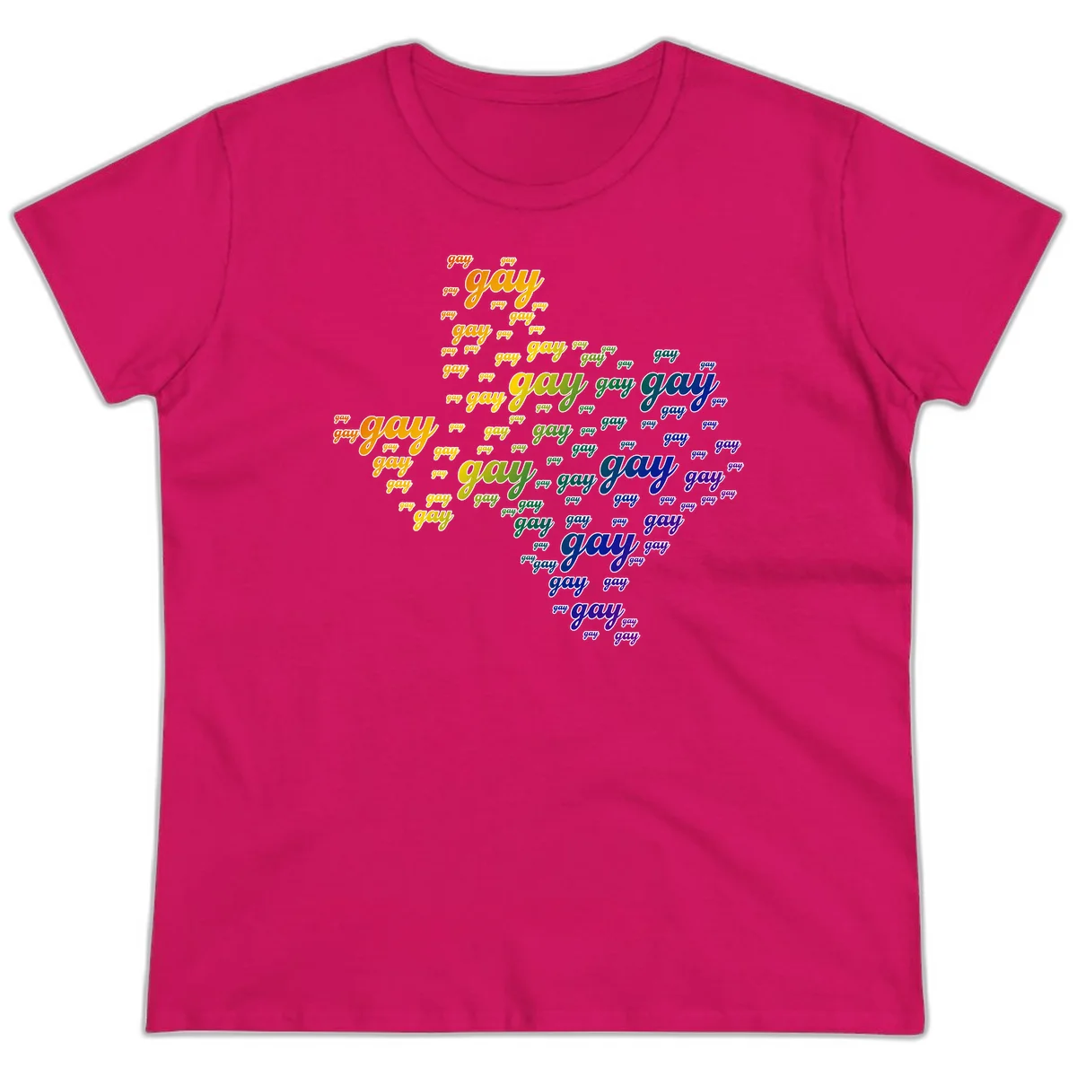 Gay pride word cloud design with 'gay' text repeated in rainbow gradient colors from orange to purple, arranged in a map-like shape in Heliconia