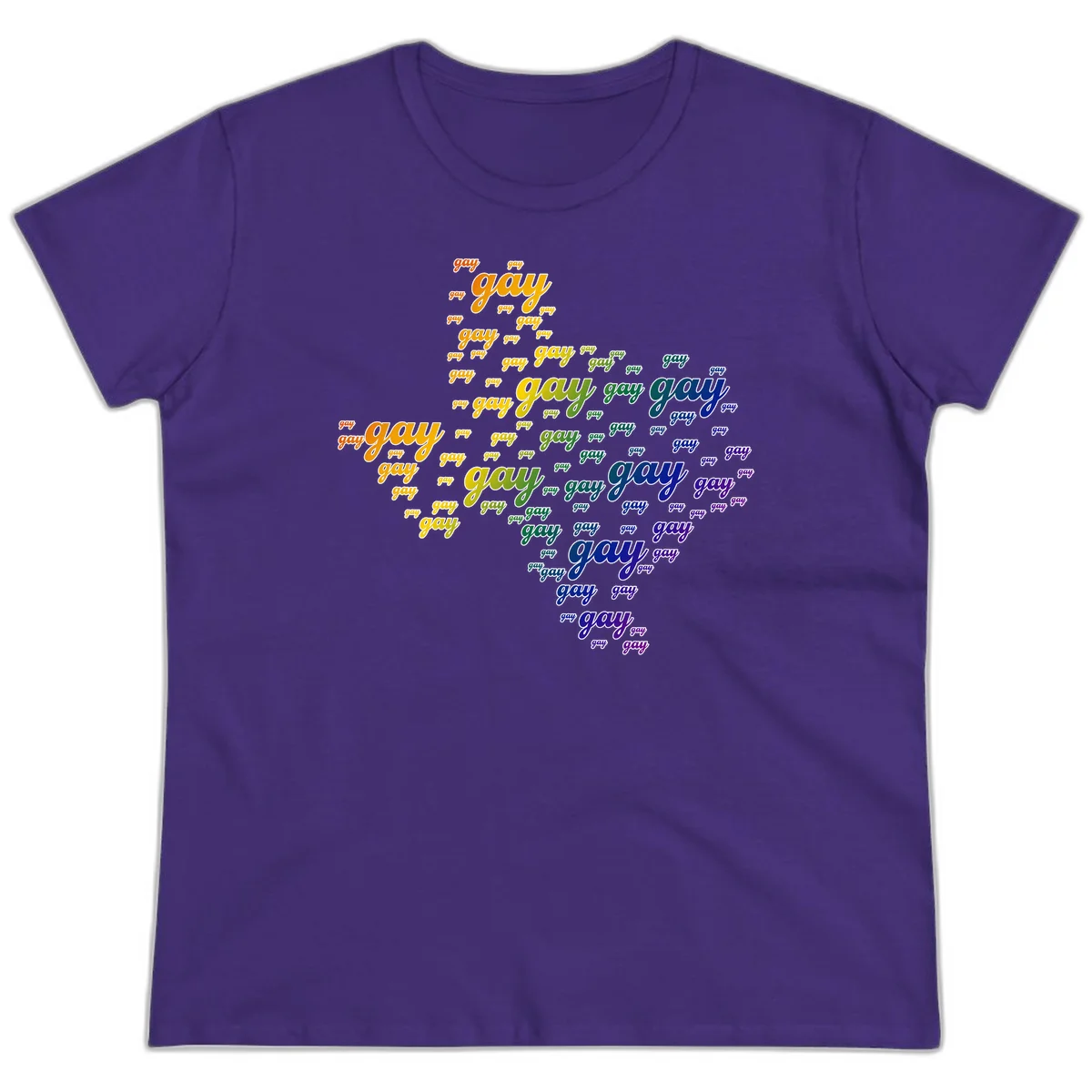 Gay pride word cloud design with 'gay' text repeated in rainbow gradient colors from orange to purple, arranged in a map-like shape in Purple