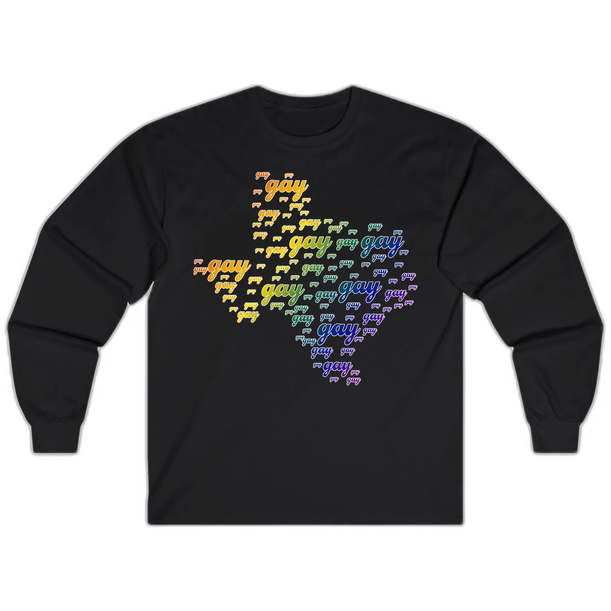 Gay pride word cloud design with 'gay' text repeated in rainbow gradient colors from orange to purple, arranged in a map-like shape in Black