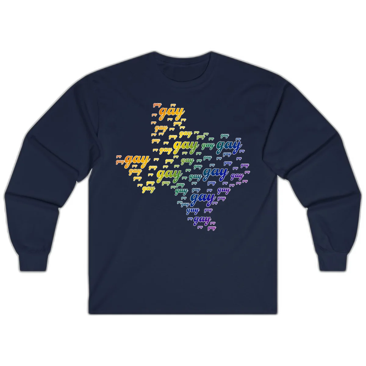 Gay pride word cloud design with 'gay' text repeated in rainbow gradient colors from orange to purple, arranged in a map-like shape in Navy
