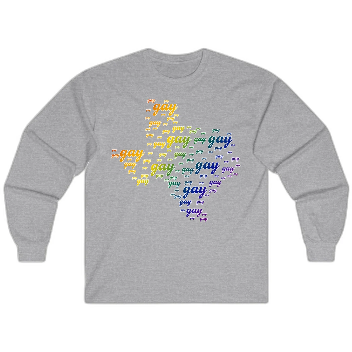 Gay pride word cloud design with 'gay' text repeated in rainbow gradient colors from orange to purple, arranged in a map-like shape in Sport Grey