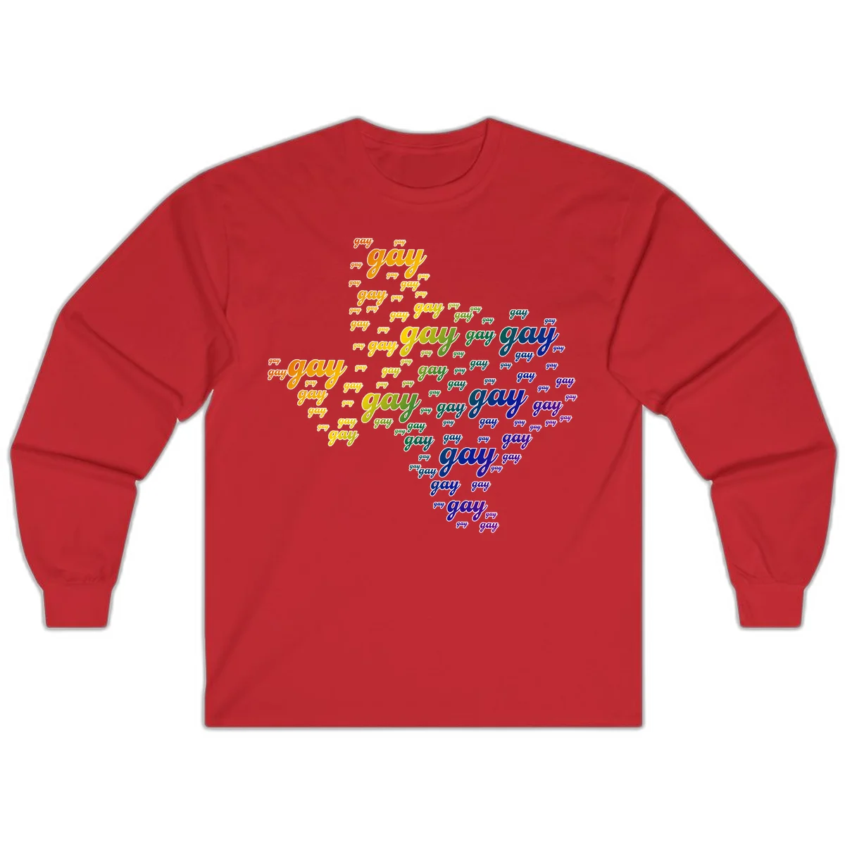 Gay pride word cloud design with 'gay' text repeated in rainbow gradient colors from orange to purple, arranged in a map-like shape in Red