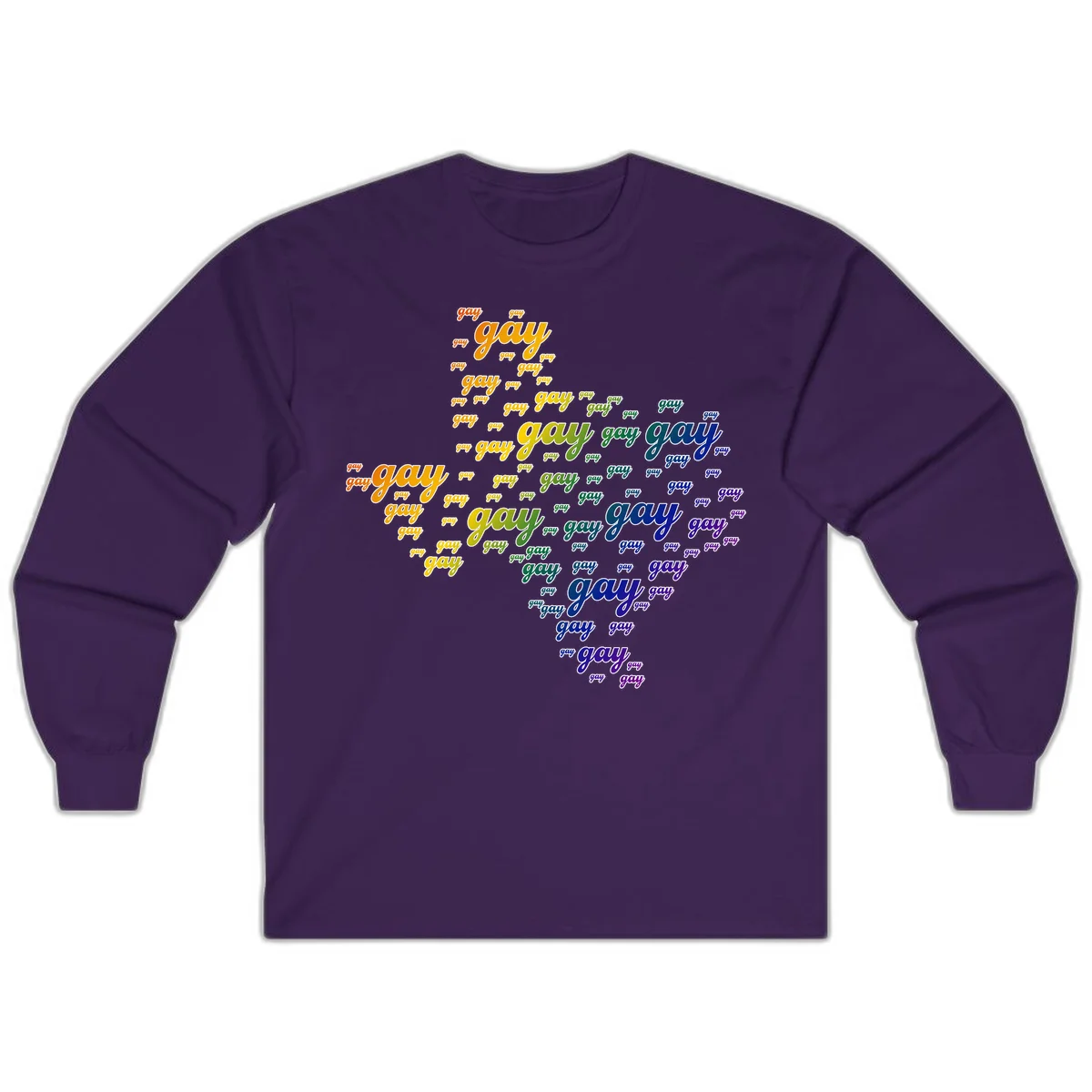 Gay pride word cloud design with 'gay' text repeated in rainbow gradient colors from orange to purple, arranged in a map-like shape in Purple