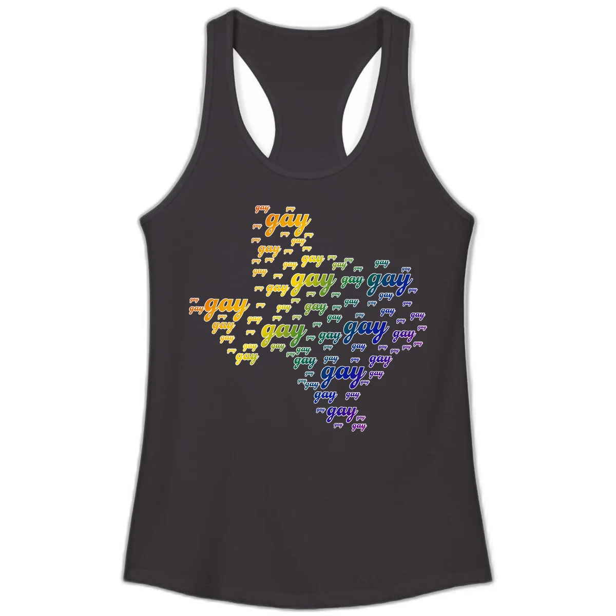 Gay pride word cloud design with 'gay' text repeated in rainbow gradient colors from orange to purple, arranged in a map-like shape in Black