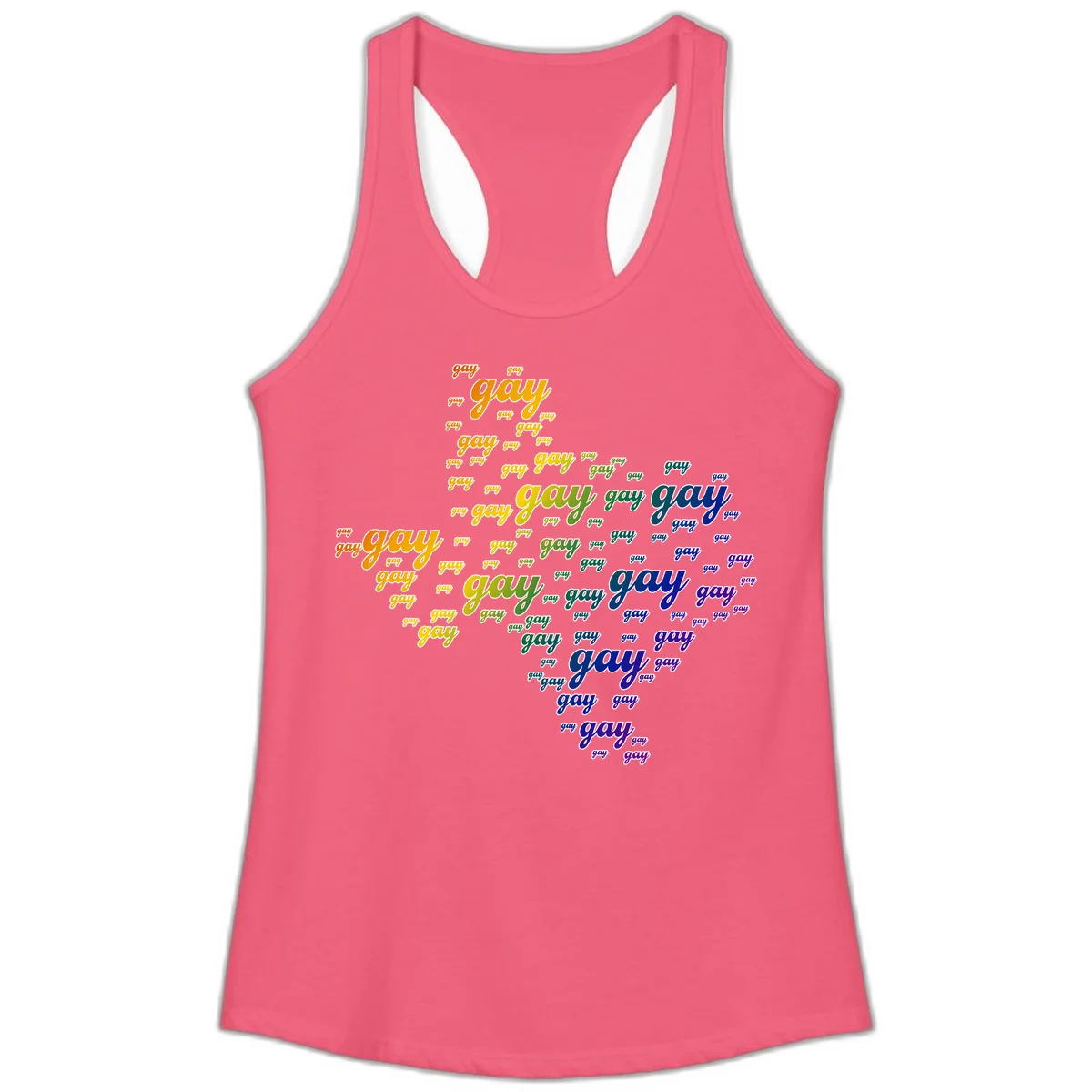 Gay pride word cloud design with 'gay' text repeated in rainbow gradient colors from orange to purple, arranged in a map-like shape in Hot Pink
