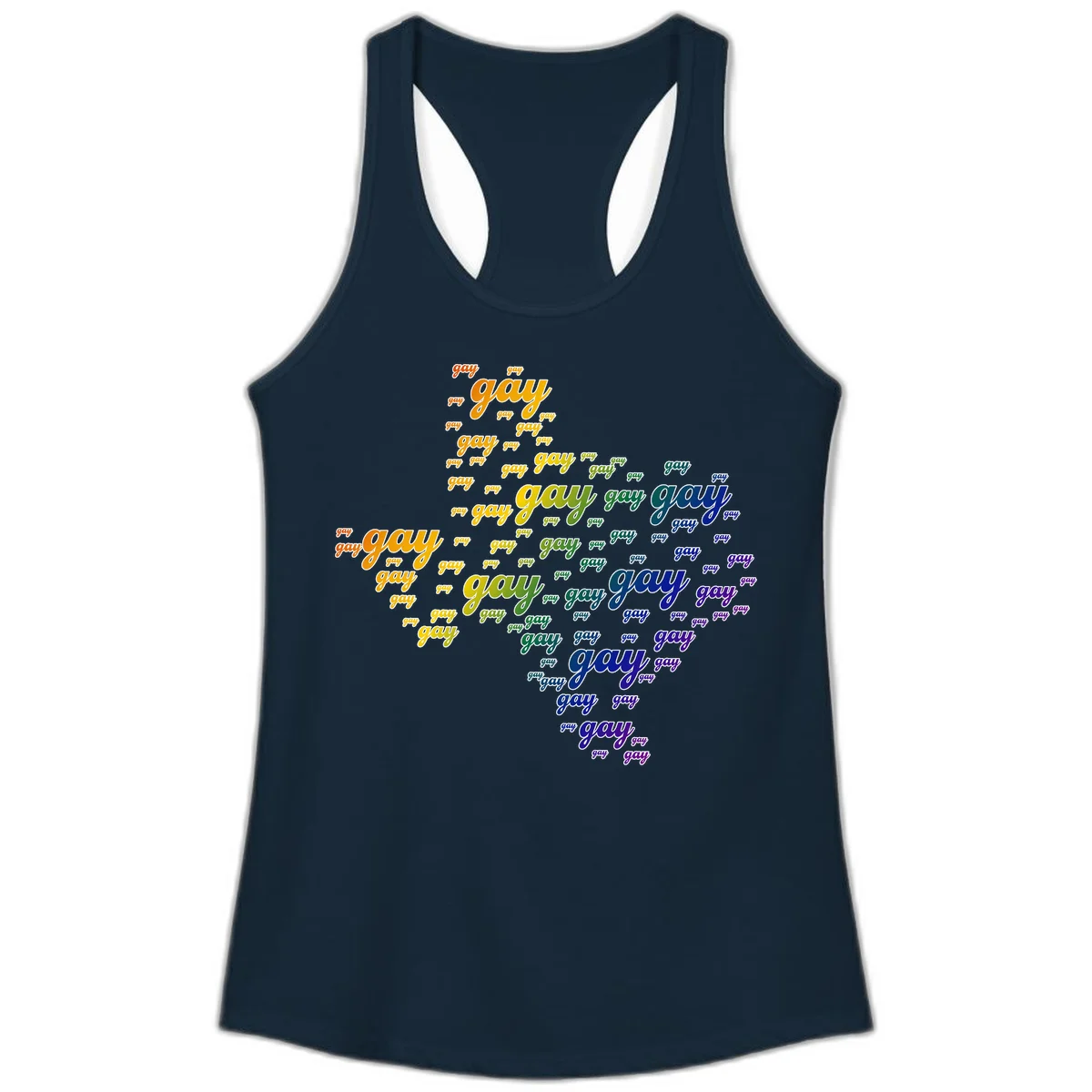 Gay pride word cloud design with 'gay' text repeated in rainbow gradient colors from orange to purple, arranged in a map-like shape in Solid Midnight Navy