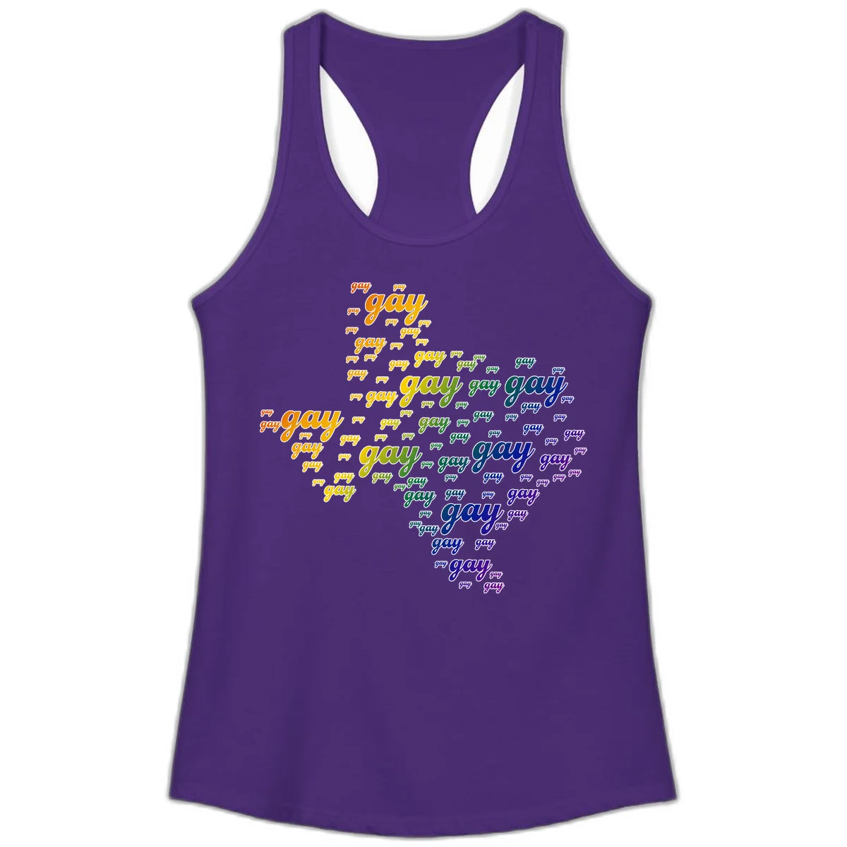 Gay pride word cloud design with 'gay' text repeated in rainbow gradient colors from orange to purple, arranged in a map-like shape in Solid Purple Rush